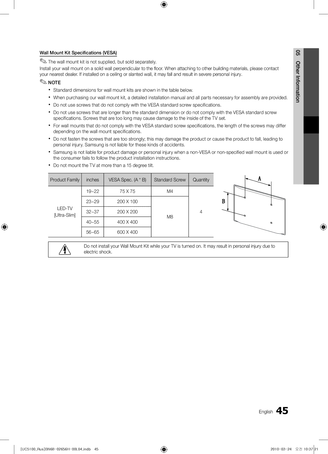 Samsung UE37C5000QWXRU, UE32C5000QWXBT, UE40C5000QWXBT, UE46C5000QWXBT manual Quantity, 19~22, 23~29, 32~37, 40~55, 56~65 