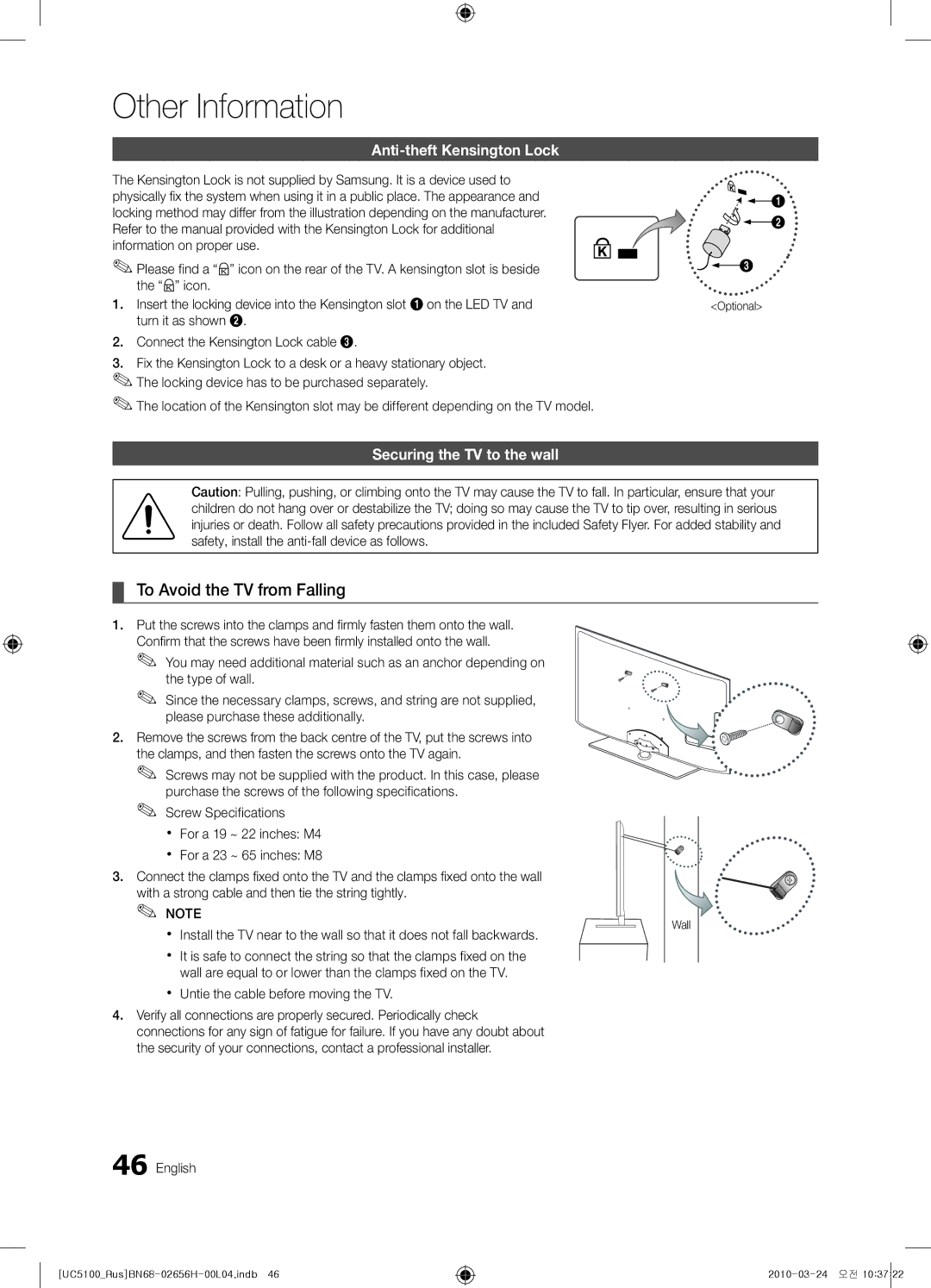 Samsung UE40C6540SWXRU To Avoid the TV from Falling, Anti-theft Kensington Lock, Securing the TV to the wall, Optional 