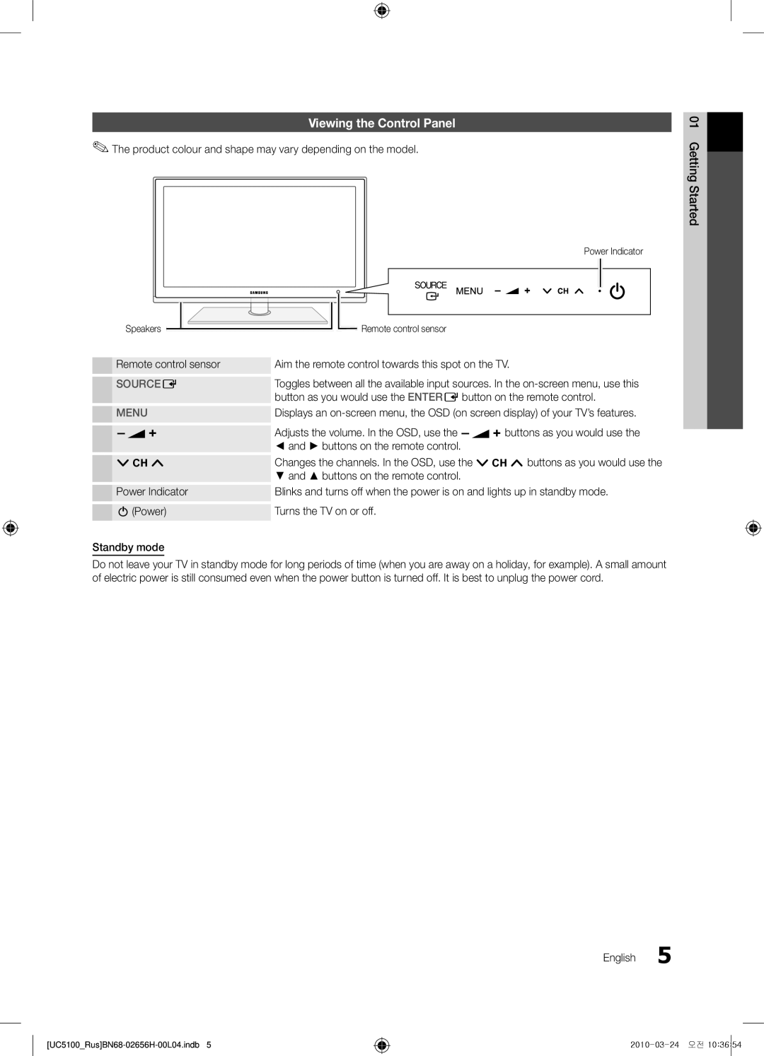 Samsung UE40C5000QWXUA, UE32C5000QWXBT Viewing the Control Panel, Product colour and shape may vary depending on the model 