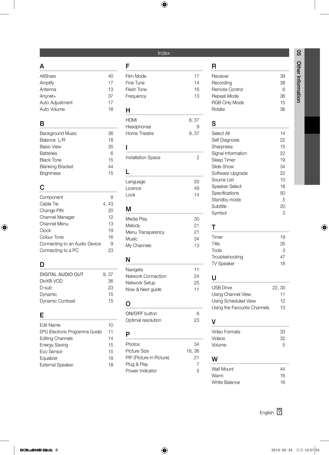 Samsung UE46C5000QWXRU, UE32C5000QWXBT manual Index, Connecting to a PC, DivX VOD Sub Dynamic Dynamic Contrast Edit Name 