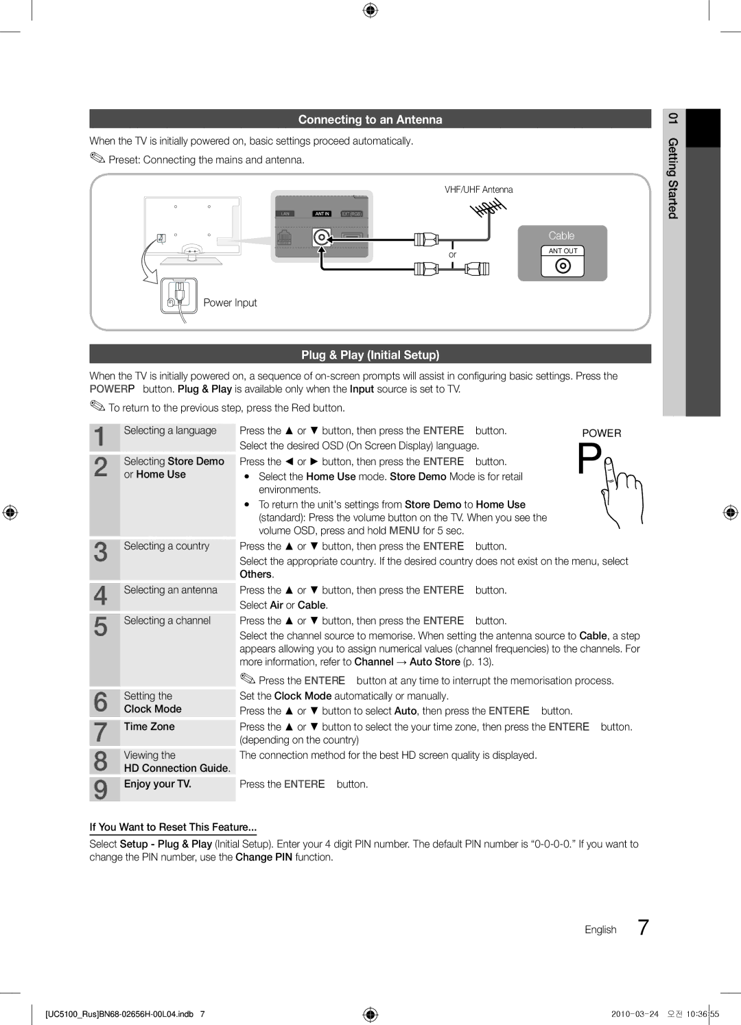 Samsung UE40C5100QWXRU, UE32C5000QWXBT, UE40C5000QWXBT, UE46C5000QWXBT Connecting to an Antenna, Plug & Play Initial Setup 