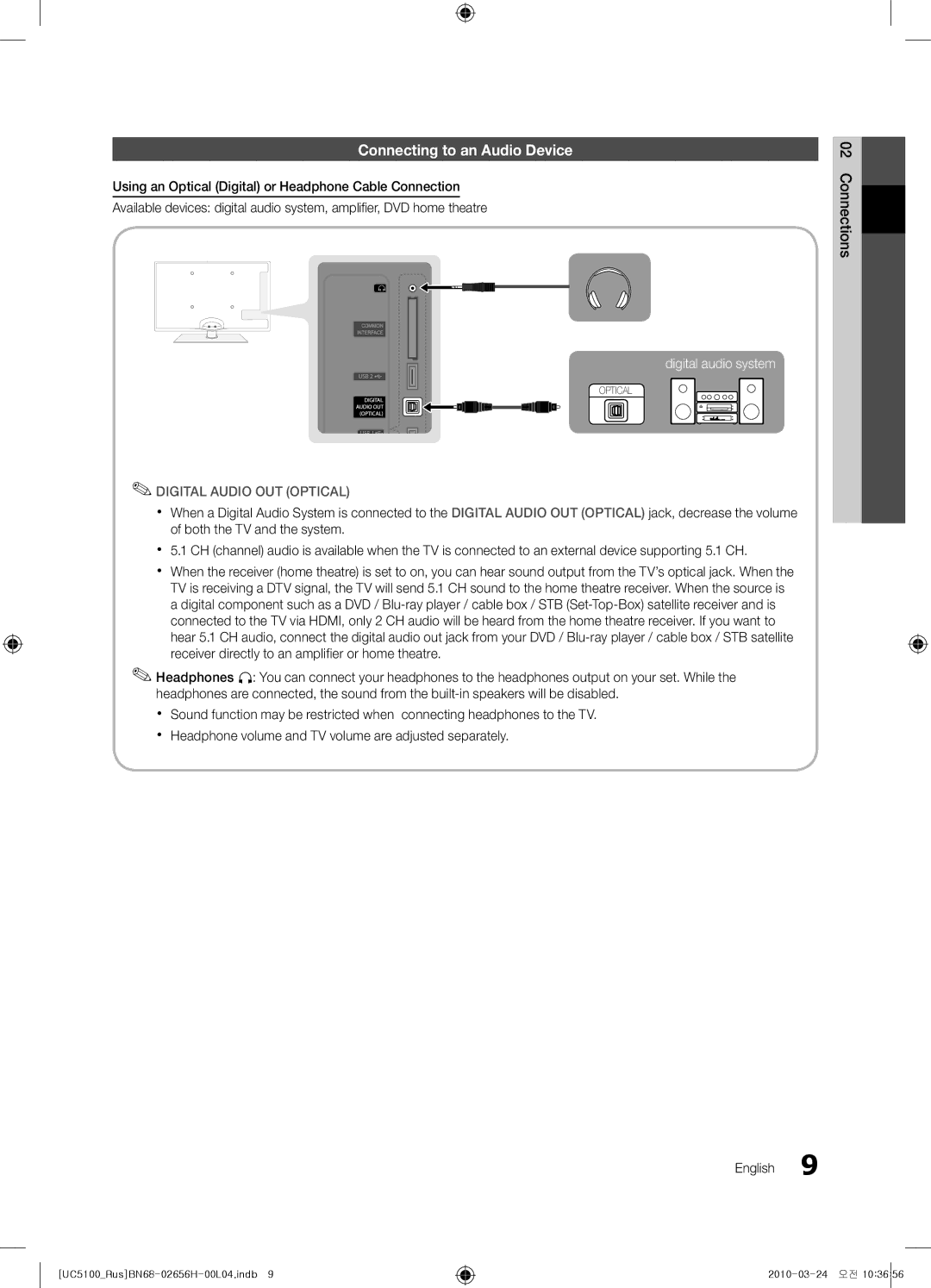 Samsung UE46C5000QWXRU, UE32C5000QWXBT, UE40C5000QWXBT manual Connecting to an Audio Device, Digital Audio OUT Optical 