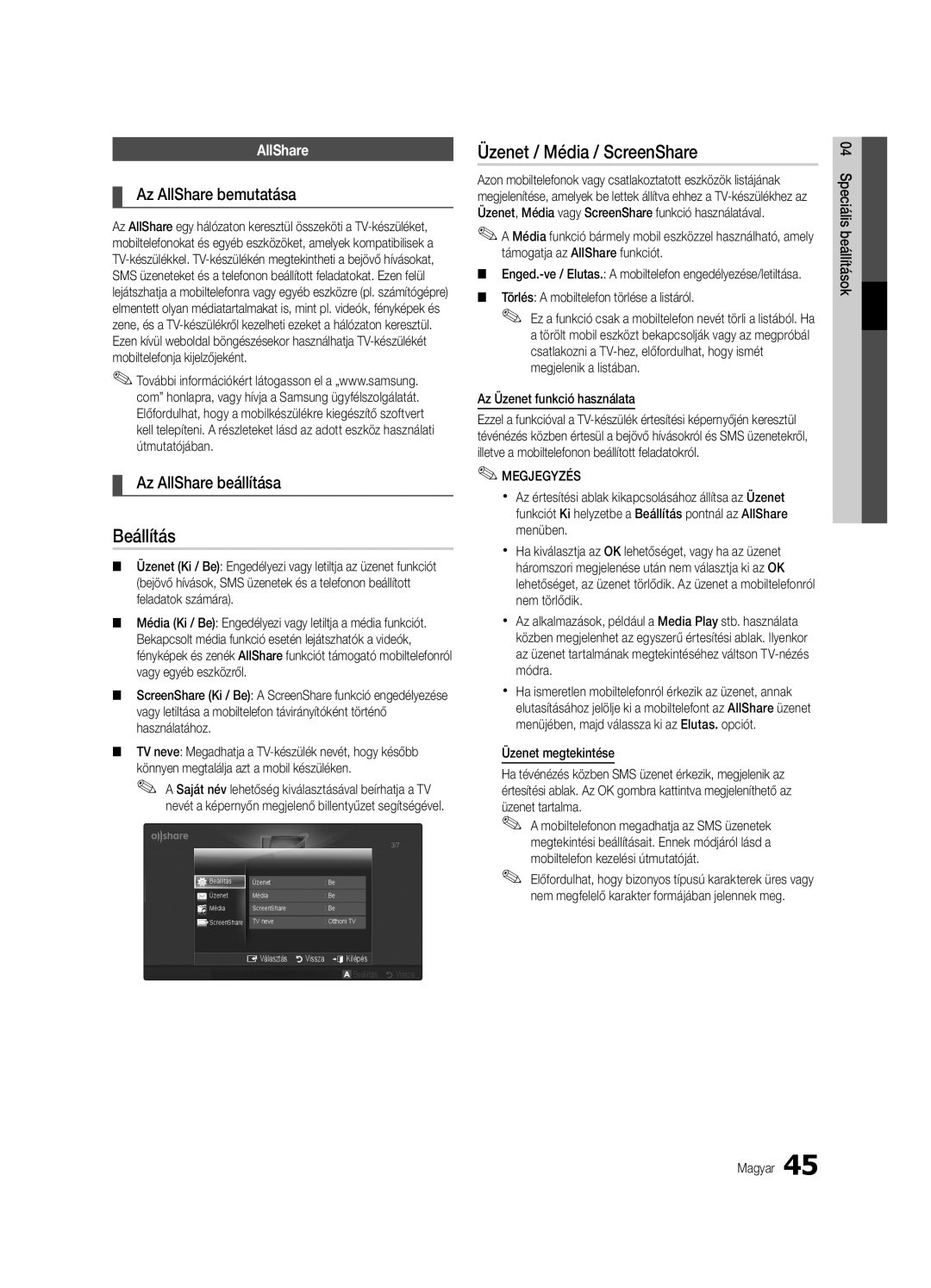 Samsung UE40C6510UWXXC manual Beállítás, Üzenet / Média / ScreenShare, Az AllShare bemutatása, Az AllShare beállítása 