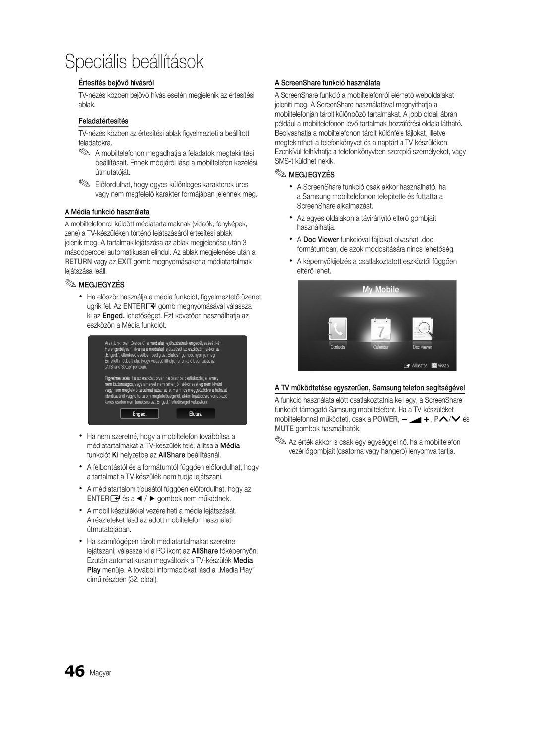 Samsung UE32C6500UWXXH, UE32C6500UWXXC, UE40C6500UWXXH manual Média funkció használata, ScreenShare funkció használata 