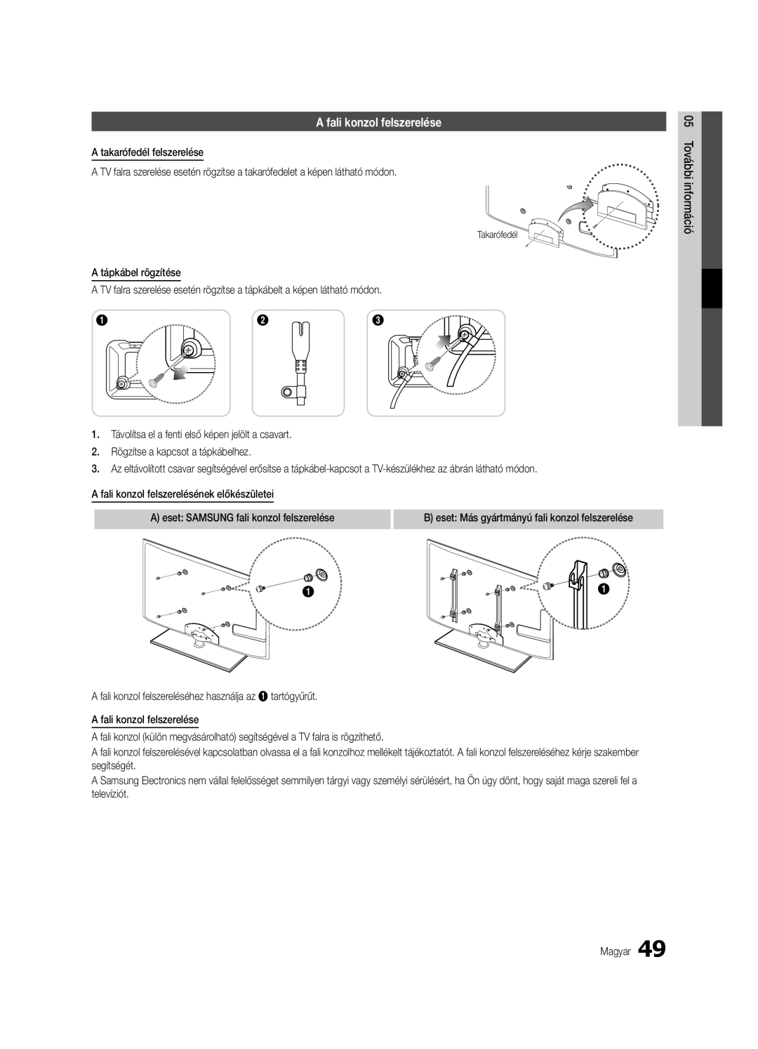 Samsung UE46C6510UWXXC, UE32C6500UWXXC, UE40C6500UWXXH, UE37C6530UWXXH, UE40C6530UWXXC Fali konzol felszerelése, Takarófedél 