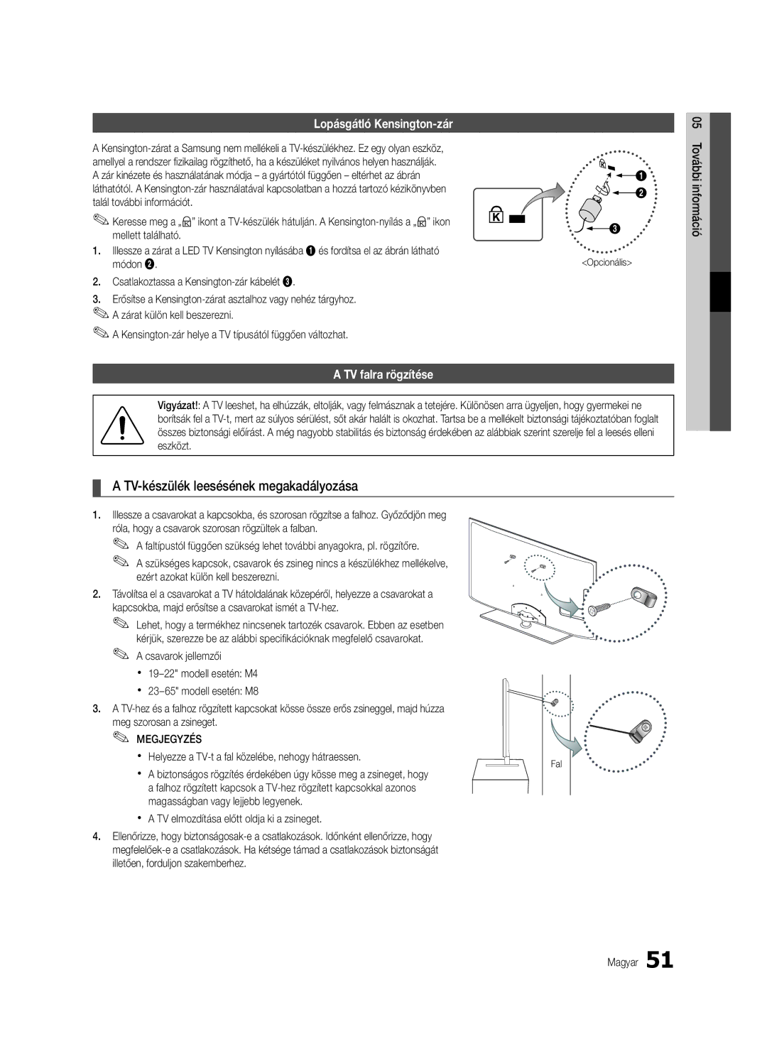 Samsung UE40C6500UWXXC manual TV-készülék leesésének megakadályozása, Lopásgátló Kensington-zár, TV falra rögzítése 