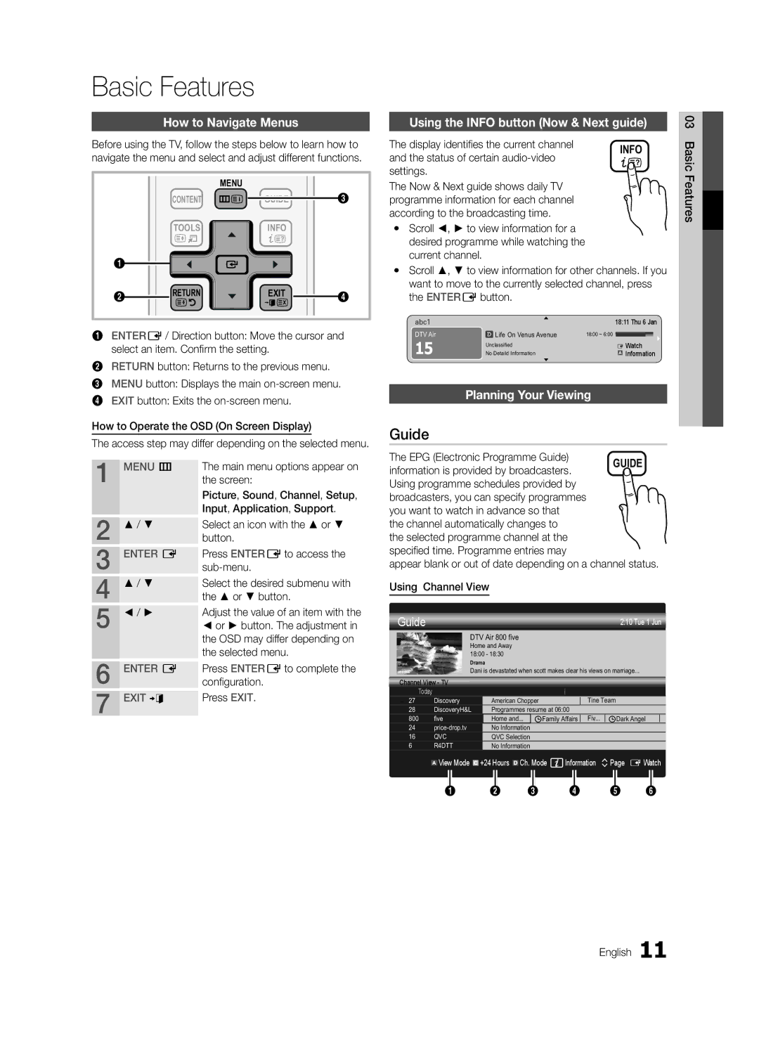 Samsung UE32C6510UWXXC manual Basic Features, Guide, How to Navigate Menus, Using the Info button Now & Next guide 