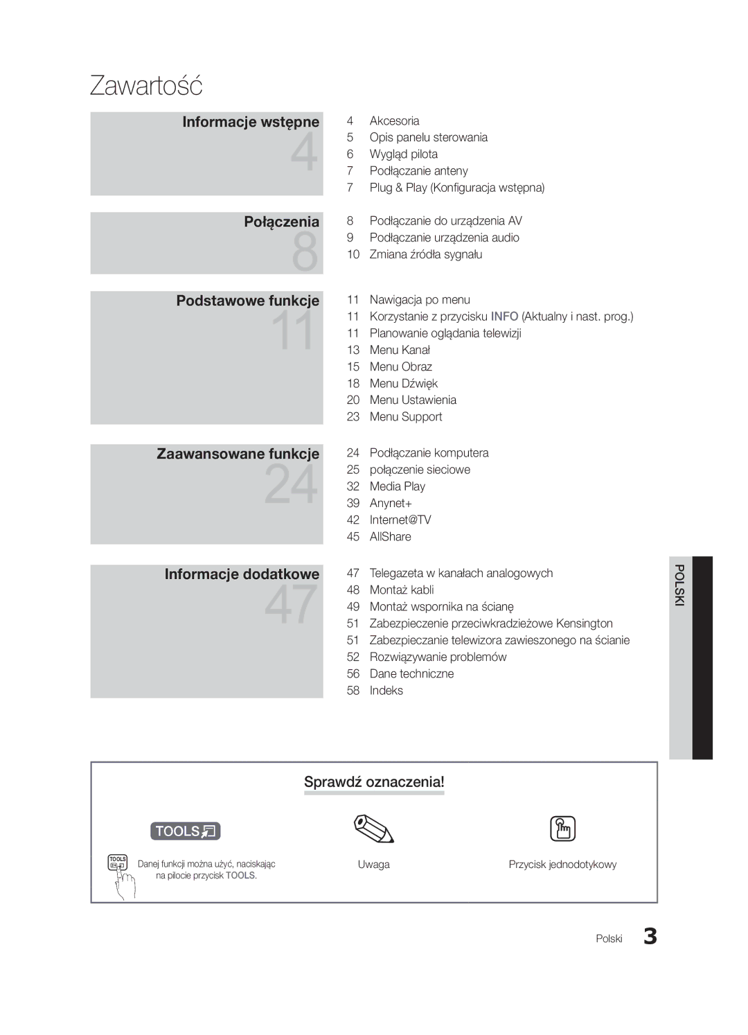 Samsung UE32C6540SWXXC, UE32C6500UWXXC, UE40C6500UWXXH manual Zawartość, Sprawdź oznaczenia, Uwaga, Przycisk jednodotykowy 