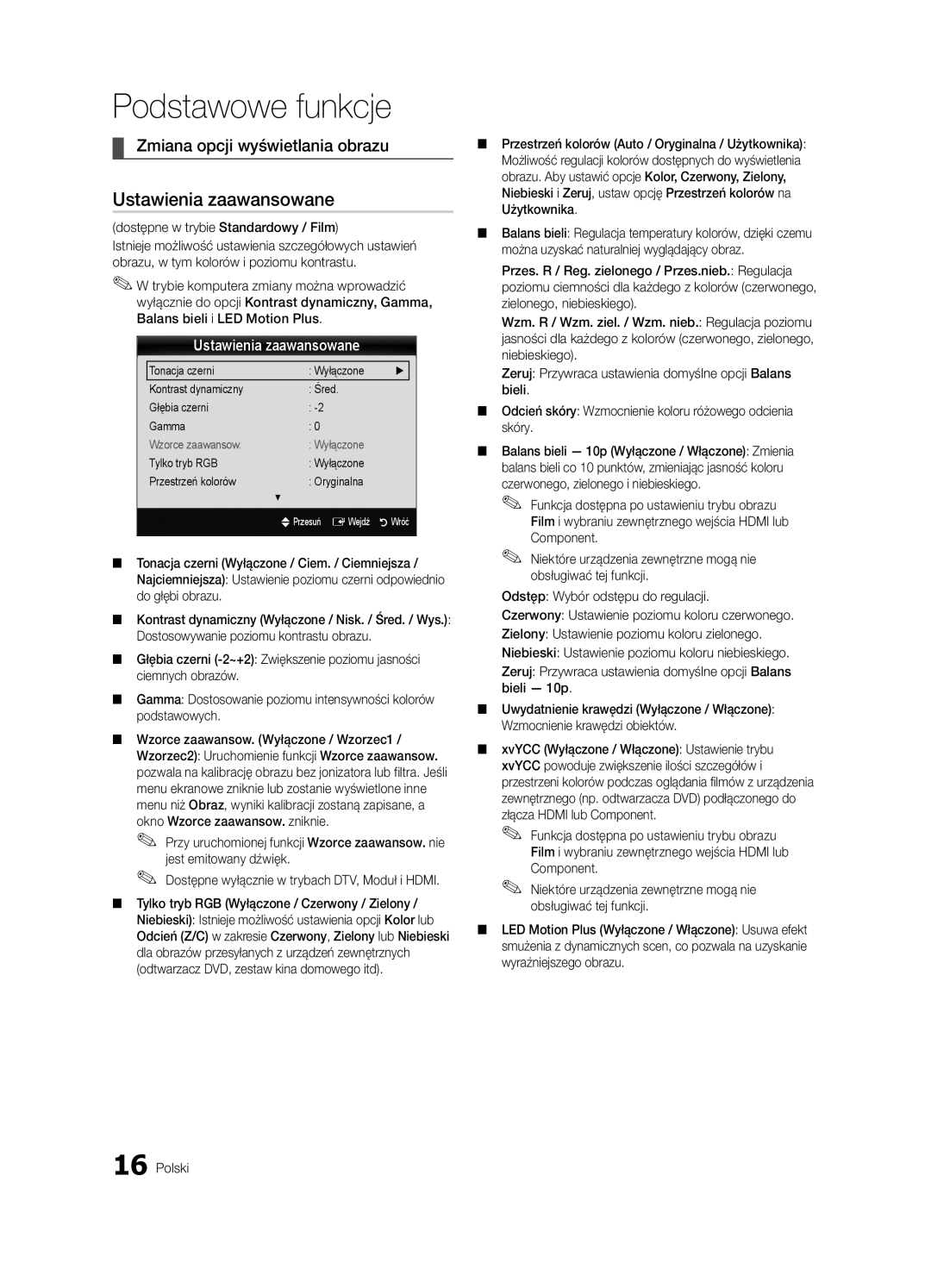 Samsung UE55C6500UWXXC Ustawienia zaawansowane, Zmiana opcji wyświetlania obrazu, Dostępne w trybie Standardowy / Film 