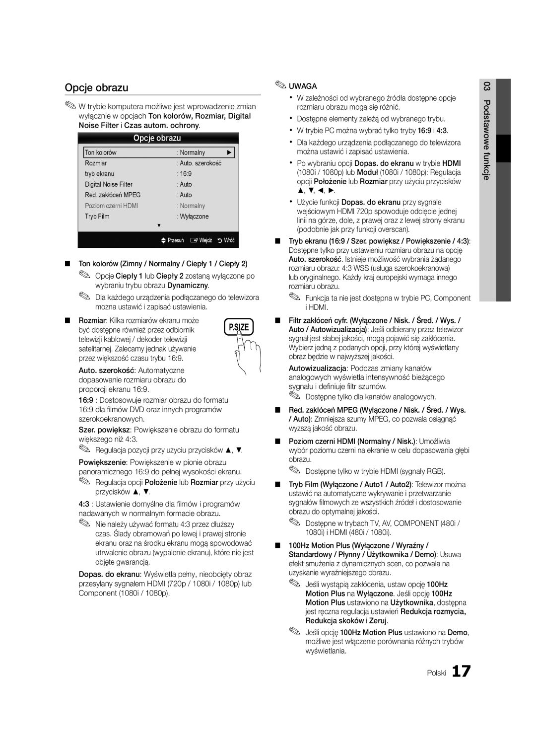 Samsung UE40C6510UWXXC, UE32C6500UWXXC Opcje obrazu, Ton kolorów Zimny / Normalny / Ciepły 1 / Ciepły, Tryb Film Wyłączone 