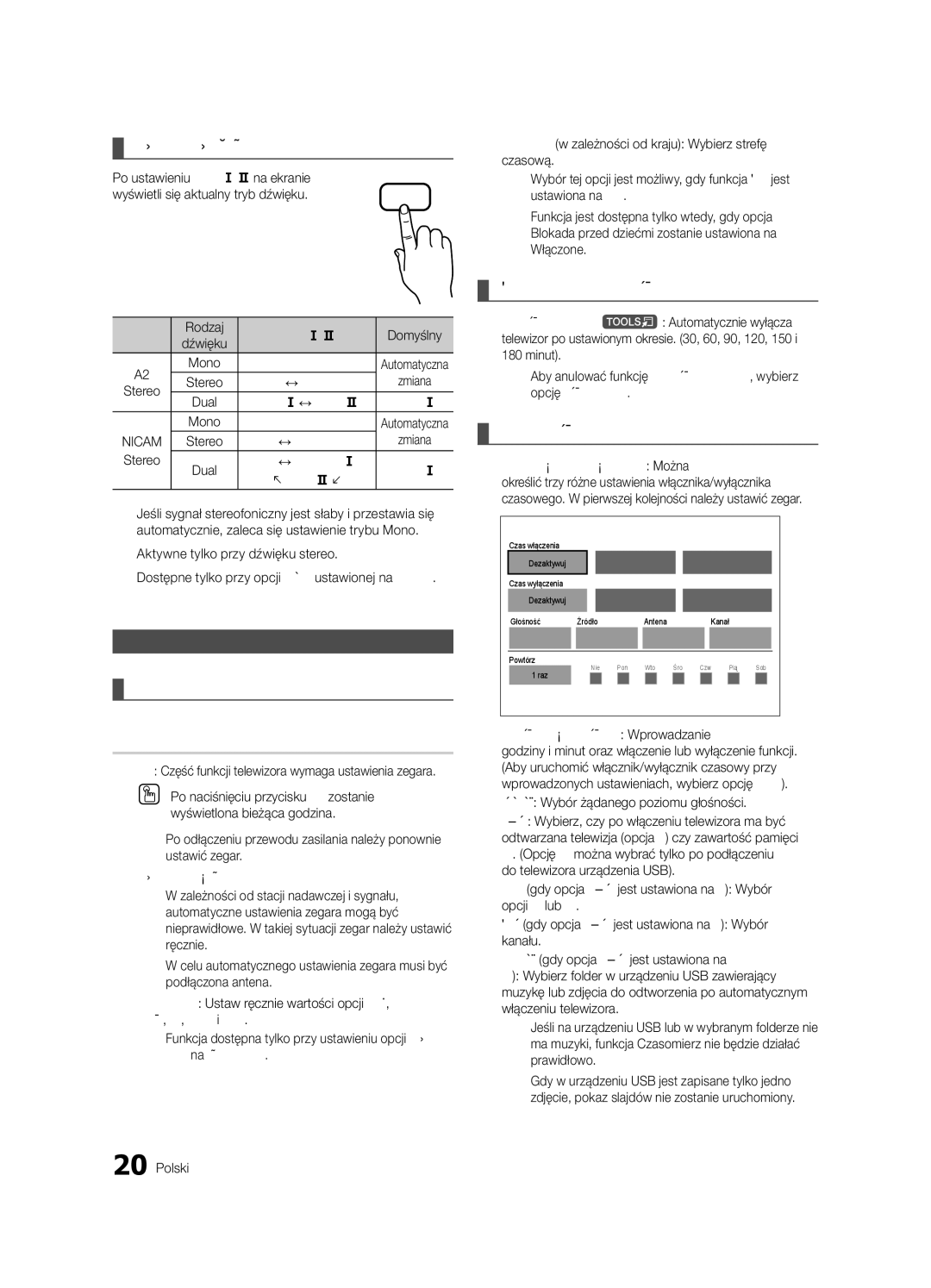 Samsung UE37C6530UWXXC manual Czas, Wybieranie trybu dźwięku, Ustawianie czasu, Korzystanie z automatycznego wyłączania 