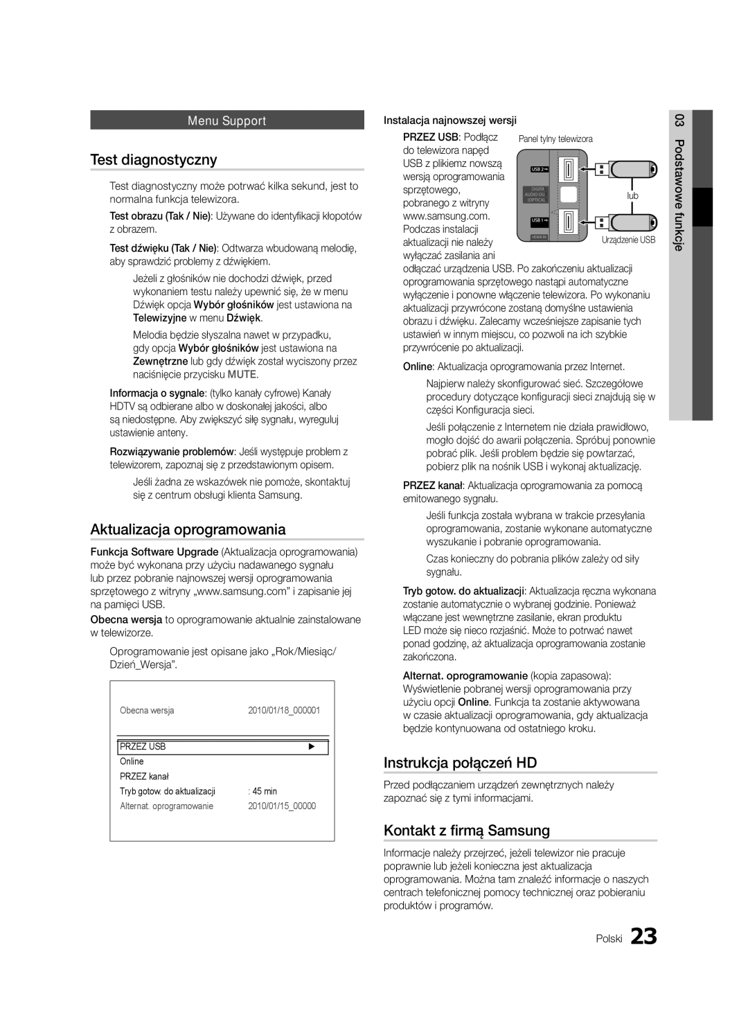 Samsung UE40C6500UWXXC Test diagnostyczny, Aktualizacja oprogramowania, Instrukcja połączeń HD, Kontakt z firmą Samsung 