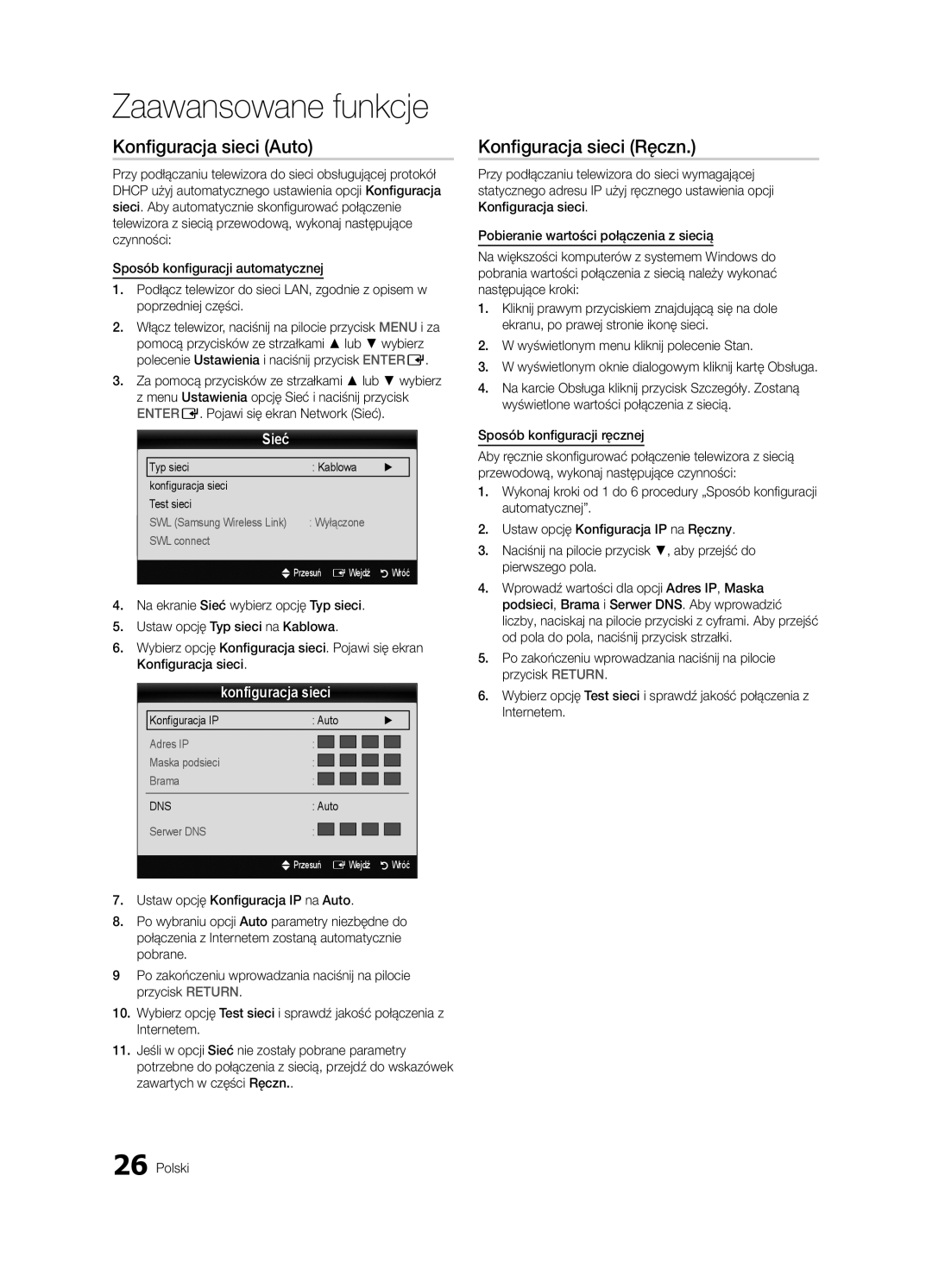 Samsung UE32C6540SWXXH manual Konfiguracja sieci Auto, Konfiguracja sieci Ręczn, Sieć, Sposób konfiguracji ręcznej 