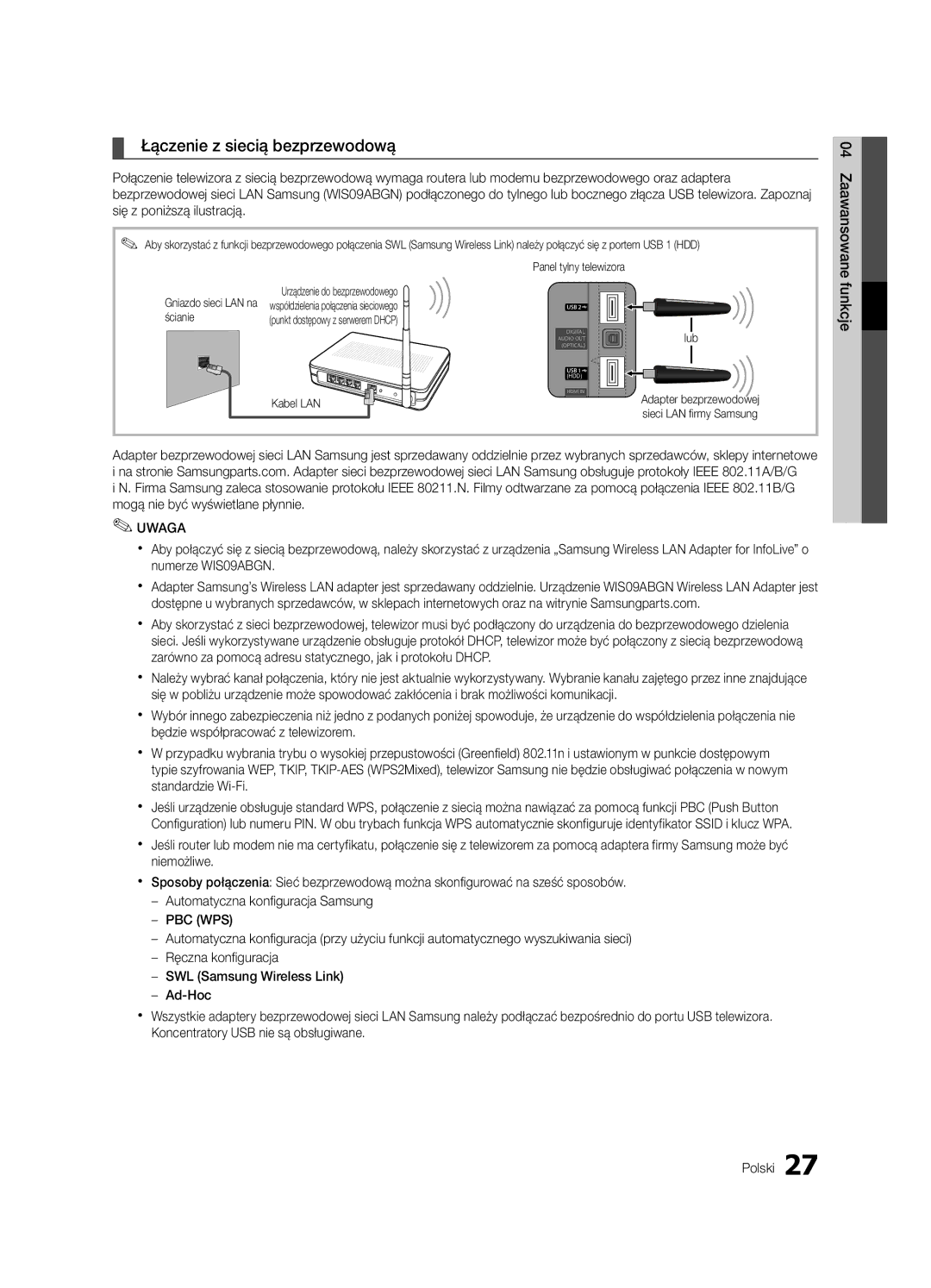 Samsung UE32C6530UWXXH, UE32C6500UWXXC manual Łączenie z siecią bezprzewodową, Gniazdo sieci LAN na ścianie, Kabel LAN Lub 