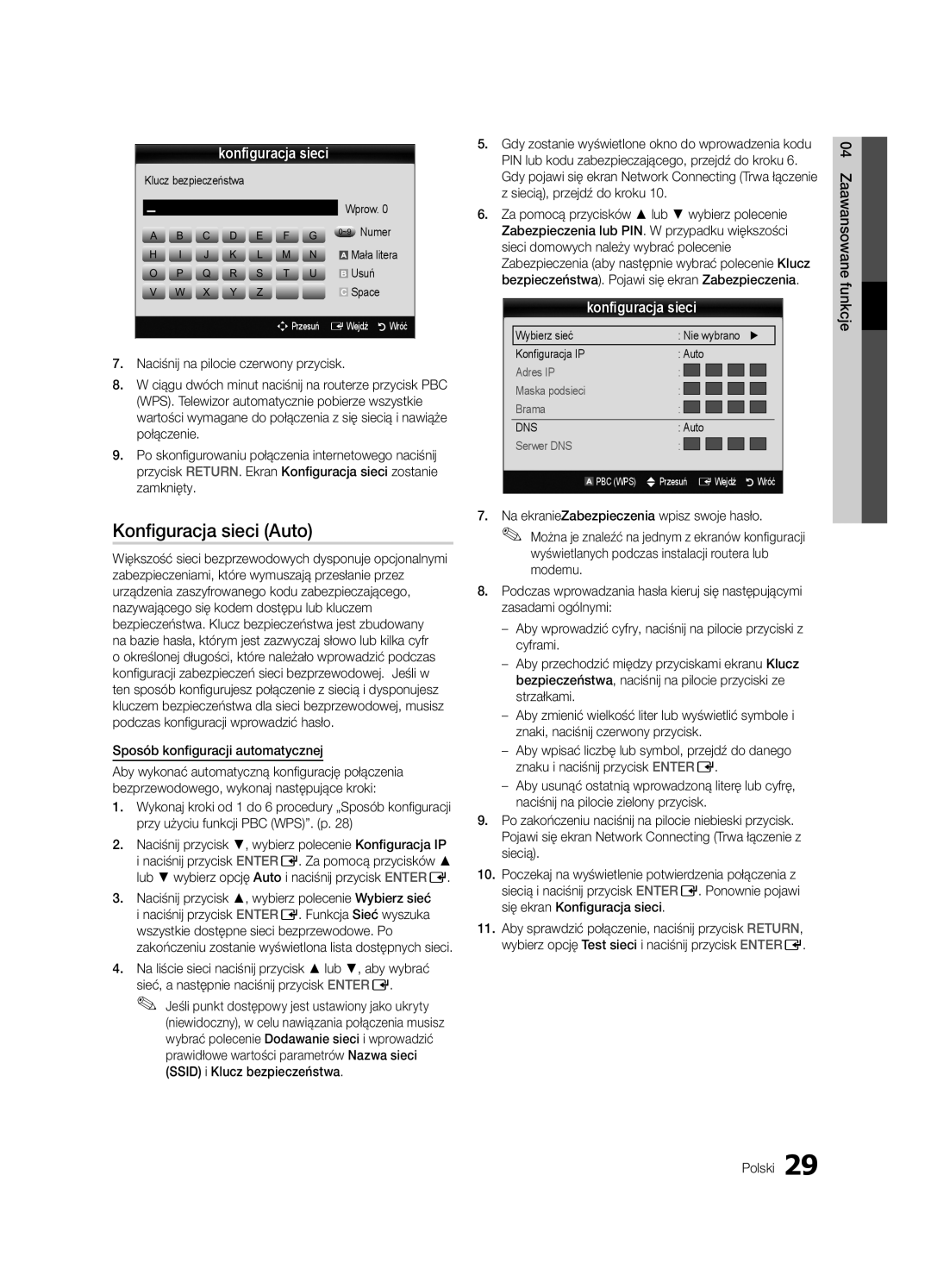 Samsung UE40C6540SWXXH manual Naciśnij przycisk , wybierz polecenie Konfiguracja IP, Funkcje 04 Zaawansowane Polski 