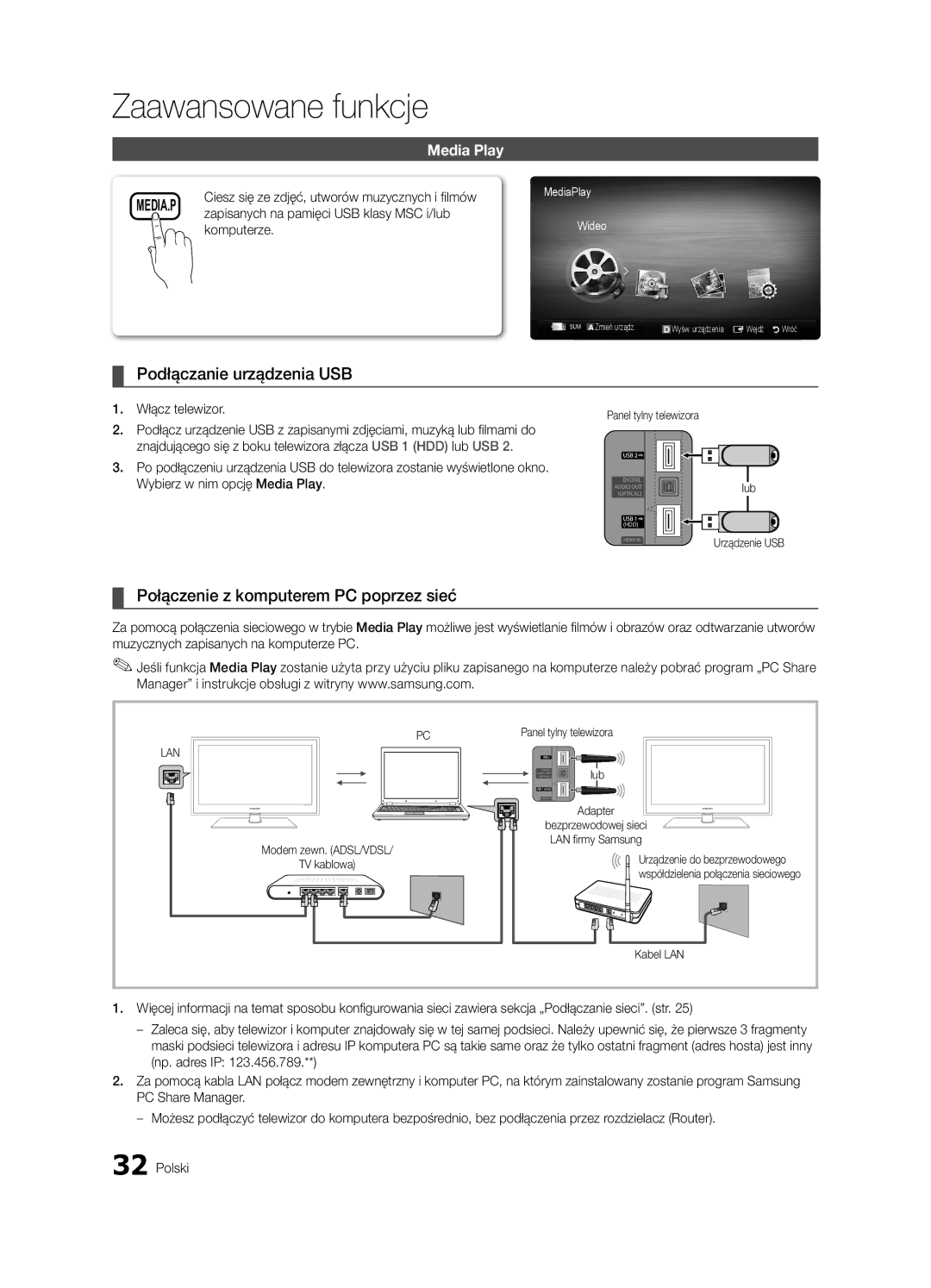 Samsung UE37C6500UWXXC Podłączanie urządzenia USB, Połączenie z komputerem PC poprzez sieć, Komputerze, Włącz telewizor 