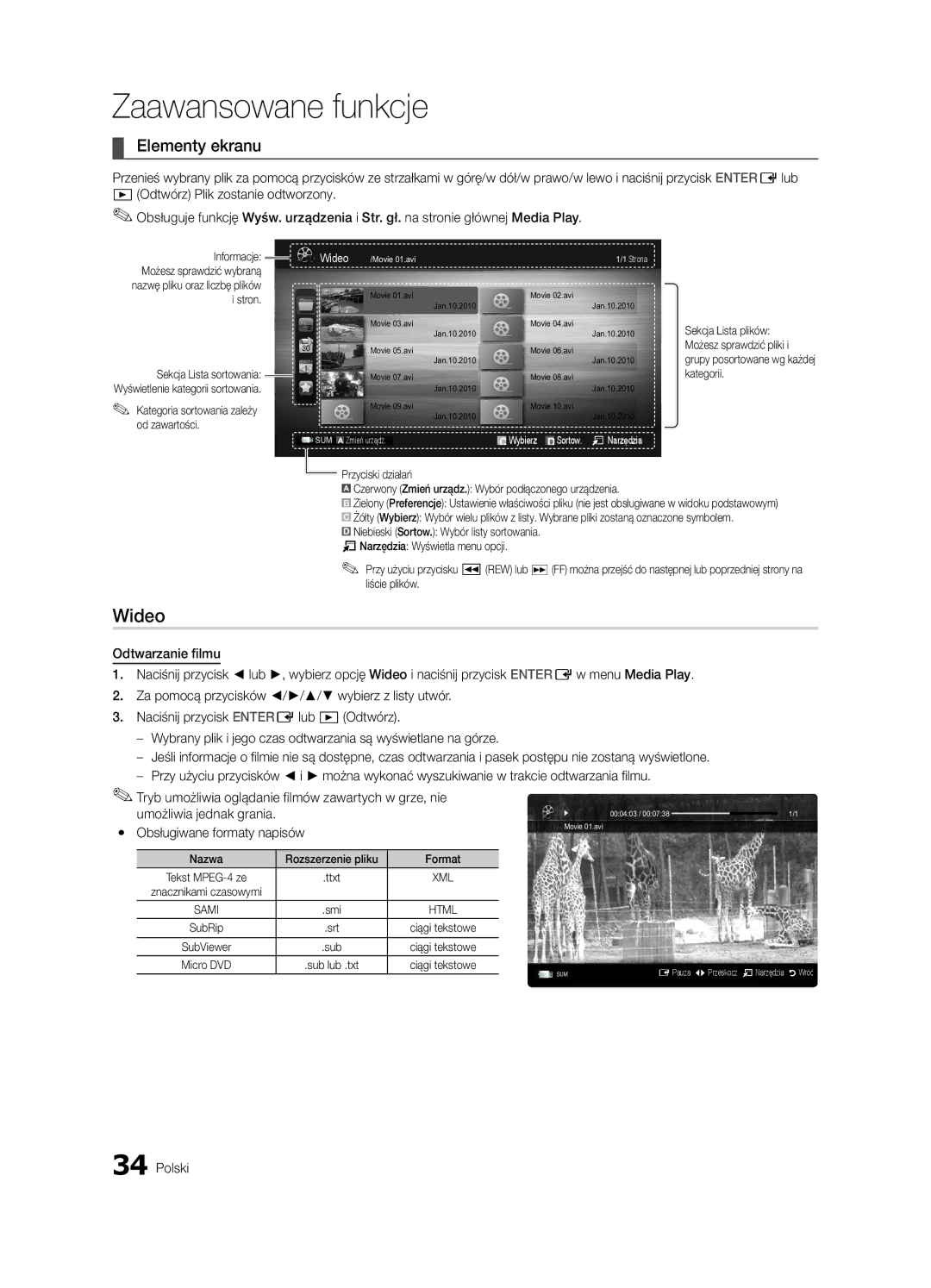 Samsung UE32C6500UWXXC, UE40C6500UWXXH, UE37C6530UWXXH manual Wideo, Elementy ekranu, Yy Obsługiwane formaty napisów 