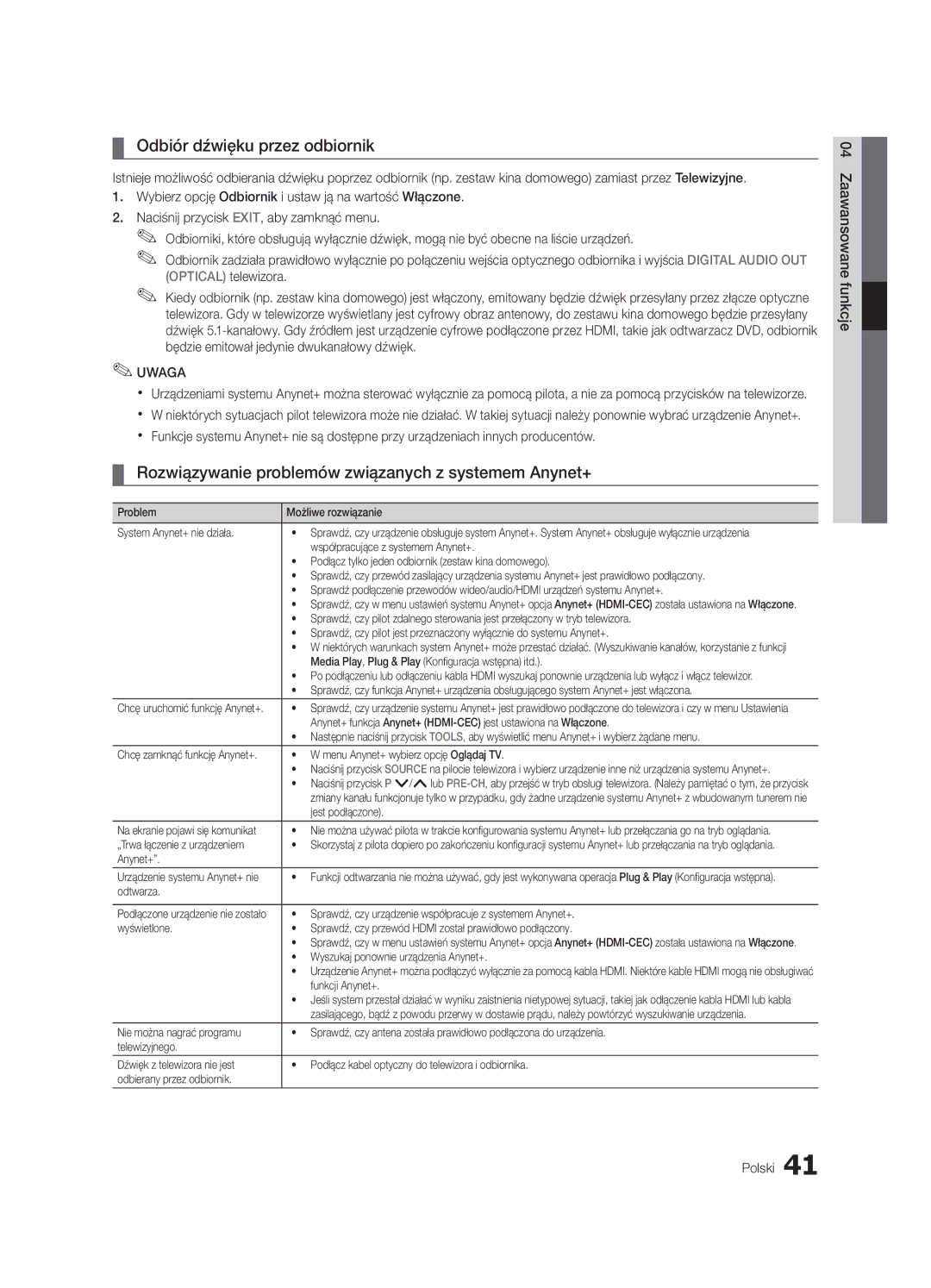 Samsung UE40C6540SWXXC manual Odbiór dźwięku przez odbiornik, Rozwiązywanie problemów związanych z systemem Anynet+ 