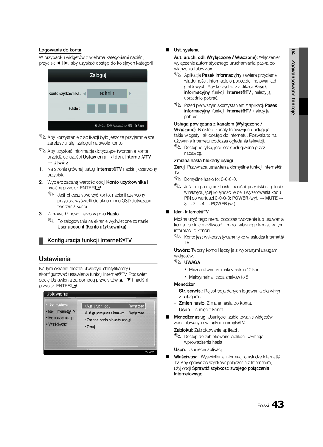 Samsung UE46C6500UWXXC, UE32C6500UWXXC manual Konfiguracja funkcji Internet@TV, Zaloguj, Ustawienia, Logowanie do konta 