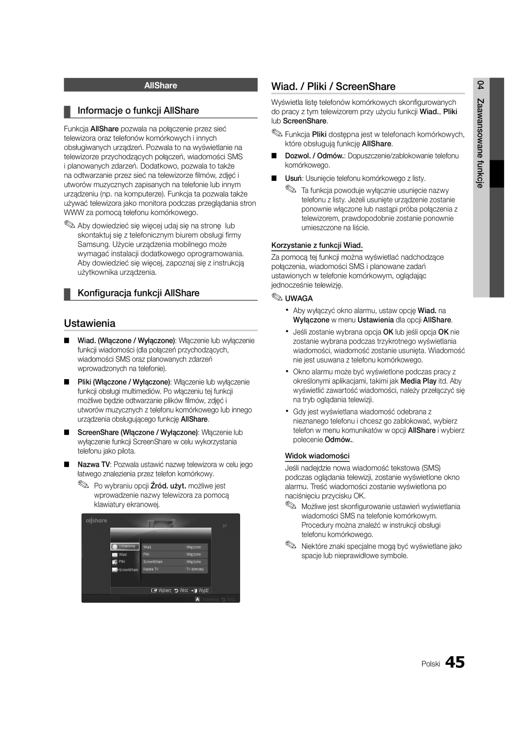 Samsung UE32C6510UWXXC manual Wiad. / Pliki / ScreenShare, Informacje o funkcji AllShare, Konfiguracja funkcji AllShare 