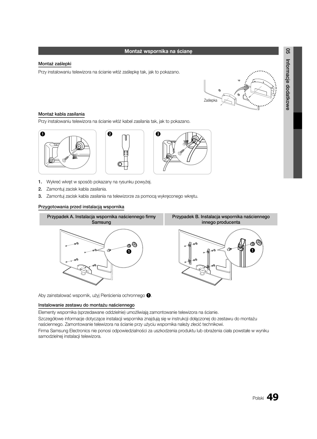 Samsung UE40C6510UWXXH, UE32C6500UWXXC, UE40C6500UWXXH manual Montaż wspornika na ścianę, Zaślepka, Innego producenta 