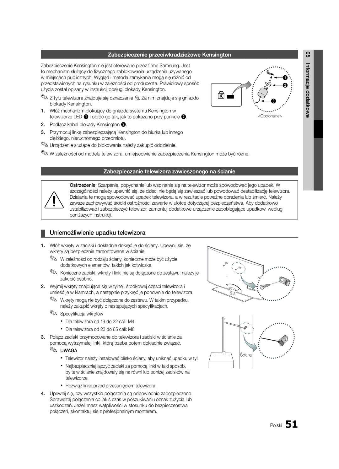 Samsung UE46C6510UWXXC, UE32C6500UWXXC Uniemożliwienie upadku telewizora, Zabezpieczenie przeciwkradzieżowe Kensington 