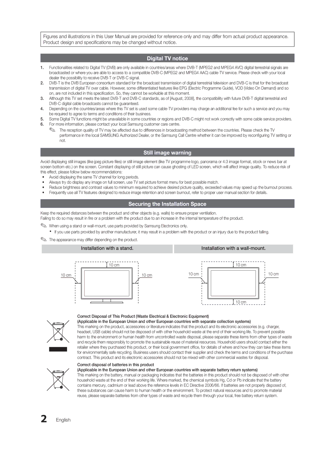 Samsung UE37C6530UWXXH, UE32C6500UWXXC, UE40C6500UWXXH, UE40C6530UWXXC manual Installation with a wall-mount, English, 10 cm 