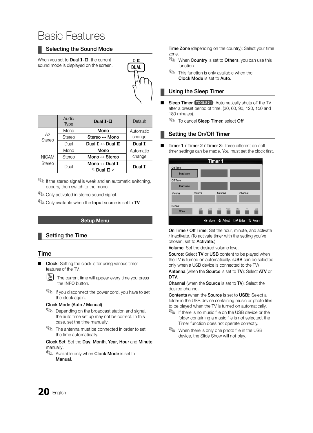 Samsung UE37C6540SWXXH Selecting the Sound Mode, Setting the Time, Using the Sleep Timer, Setting the On/Off Timer 