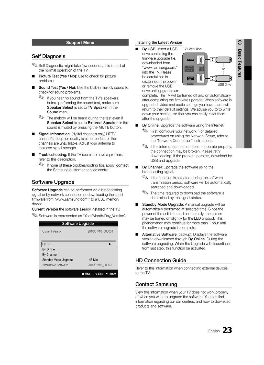 Samsung UE32C6530UWXXH, UE32C6500UWXXC manual Self Diagnosis, Software Upgrade, HD Connection Guide, Contact Samsung 