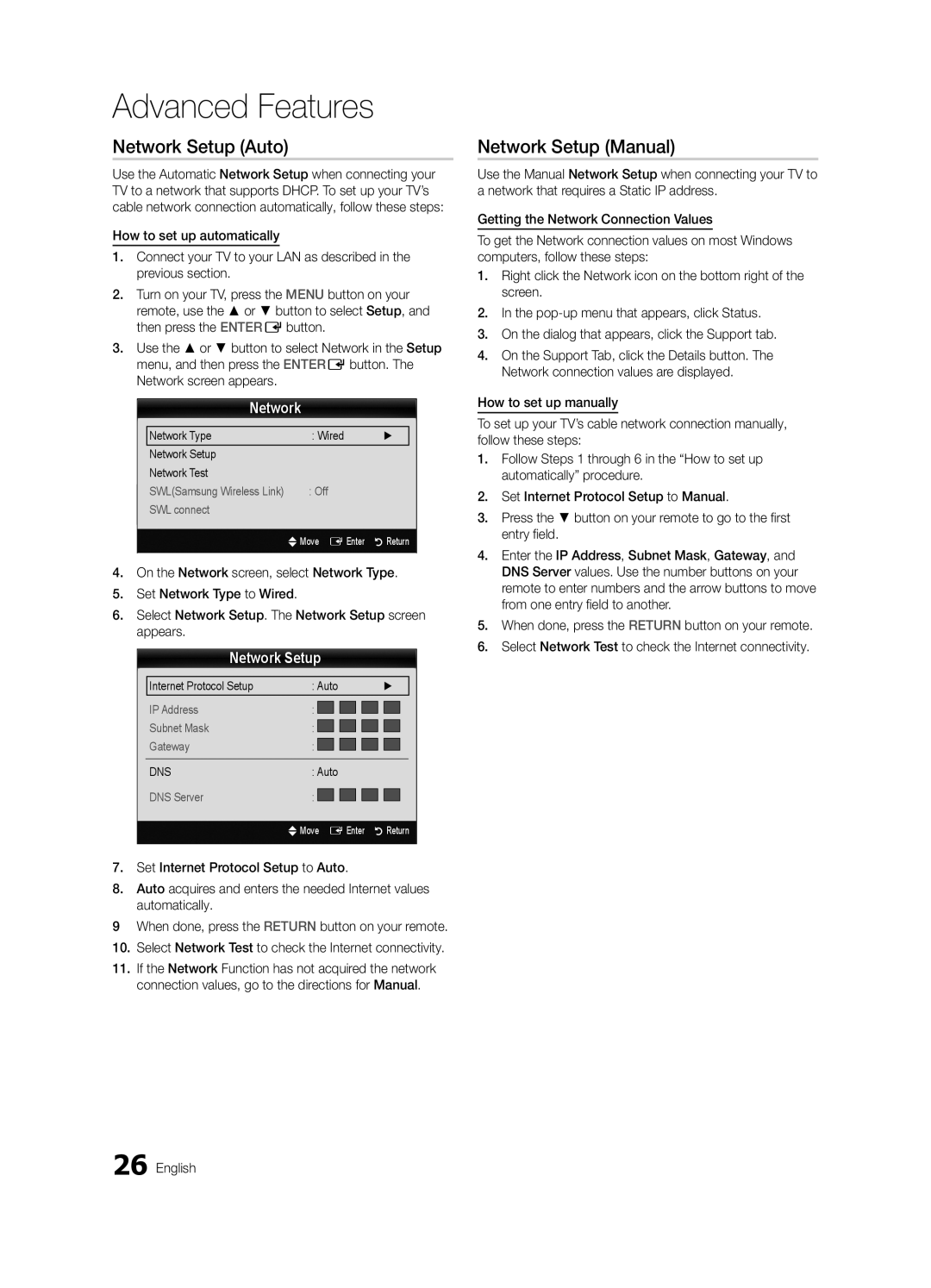 Samsung UE40C6530UWXXH manual Network Setup Auto, Network Setup Manual, Network Type Wired Network Setup Network Test 