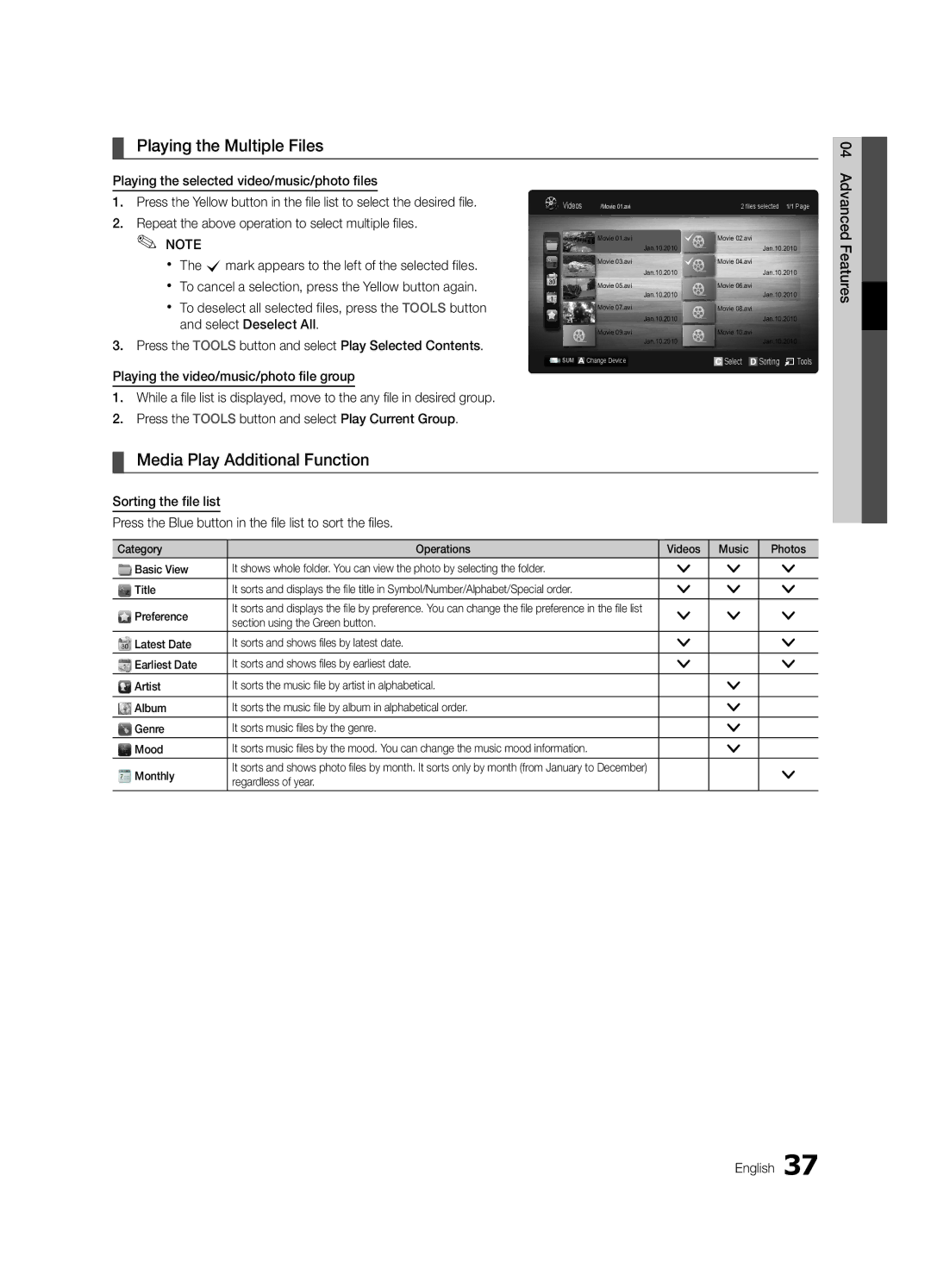 Samsung UE40C6540SWXXC manual Playing the Multiple Files, Media Play Additional Function, Advanced, Regardless of year 