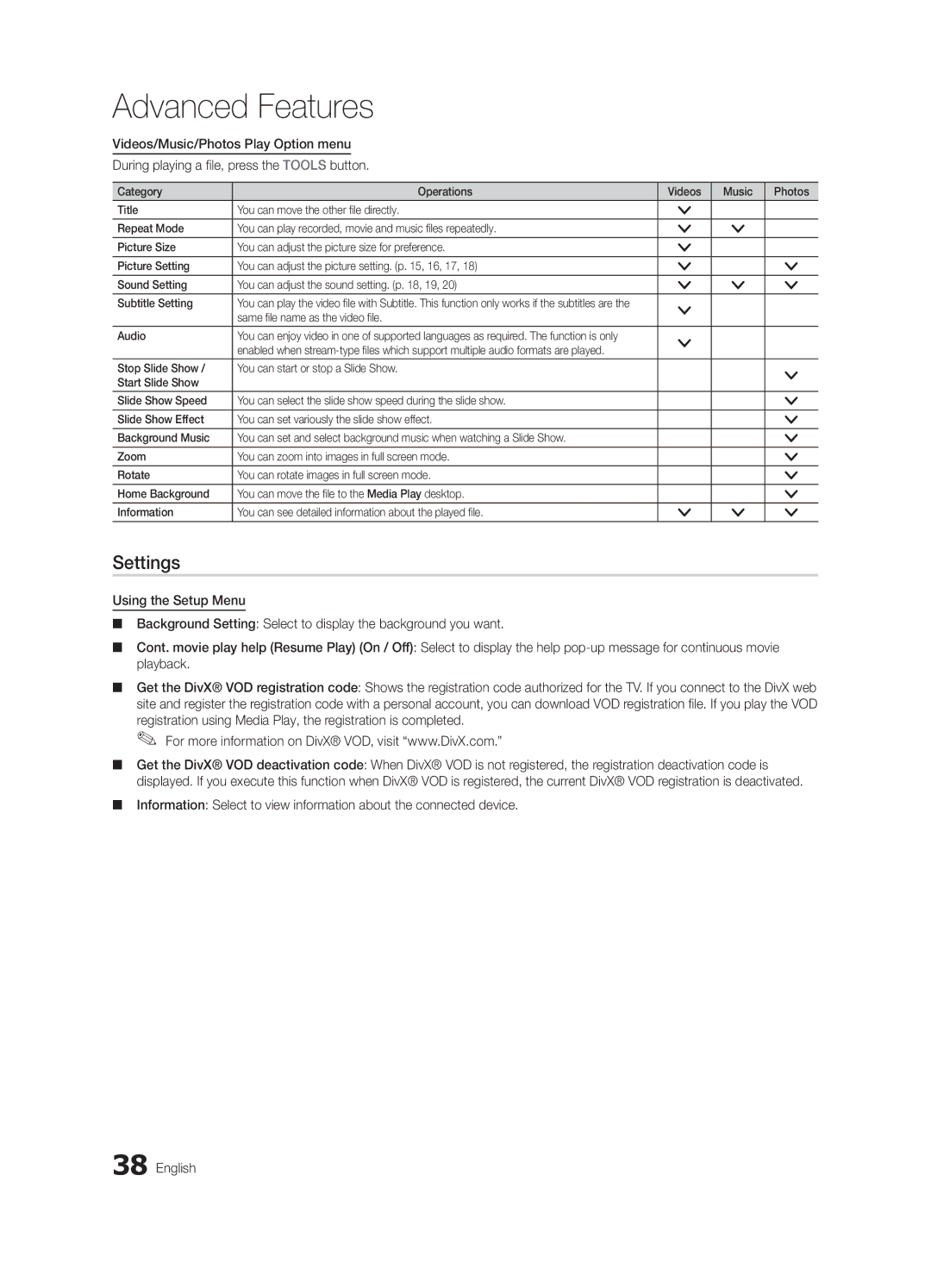 Samsung UE46C6540SWXXH, UE32C6500UWXXC manual Settings, Videos/Music/Photos Play Option menu, Press the Tools button 