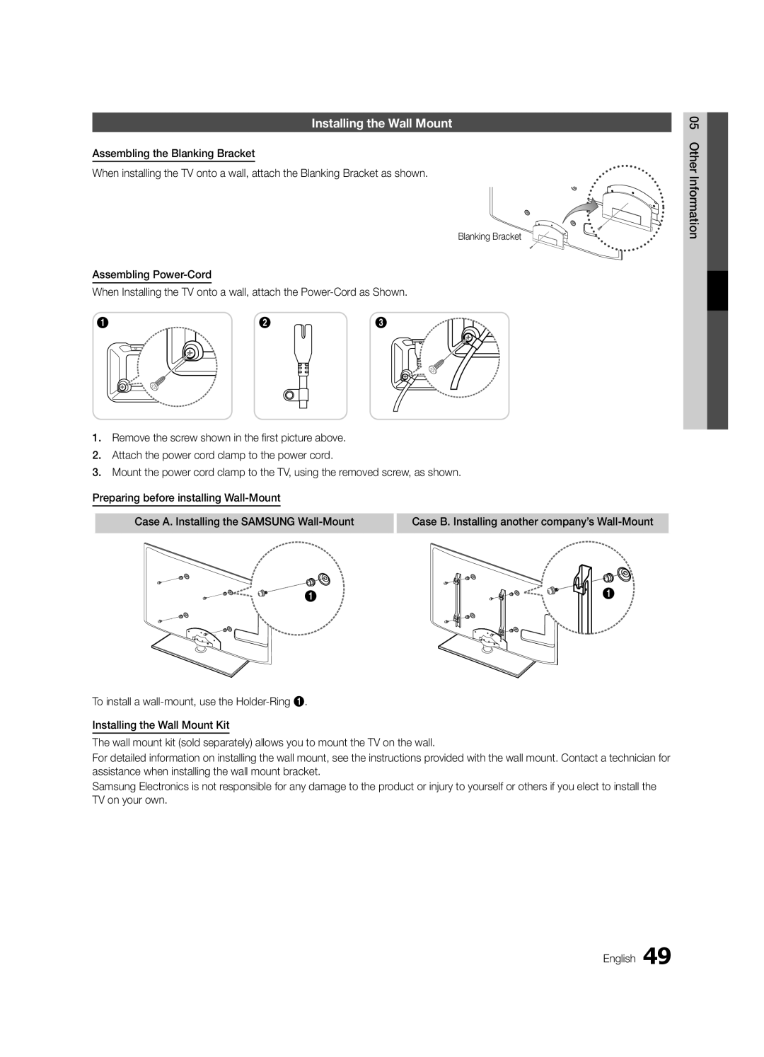 Samsung UE40C6500UWXXC, UE32C6500UWXXC, UE40C6500UWXXH, UE37C6530UWXXH manual Installing the Wall Mount, Blanking Bracket 