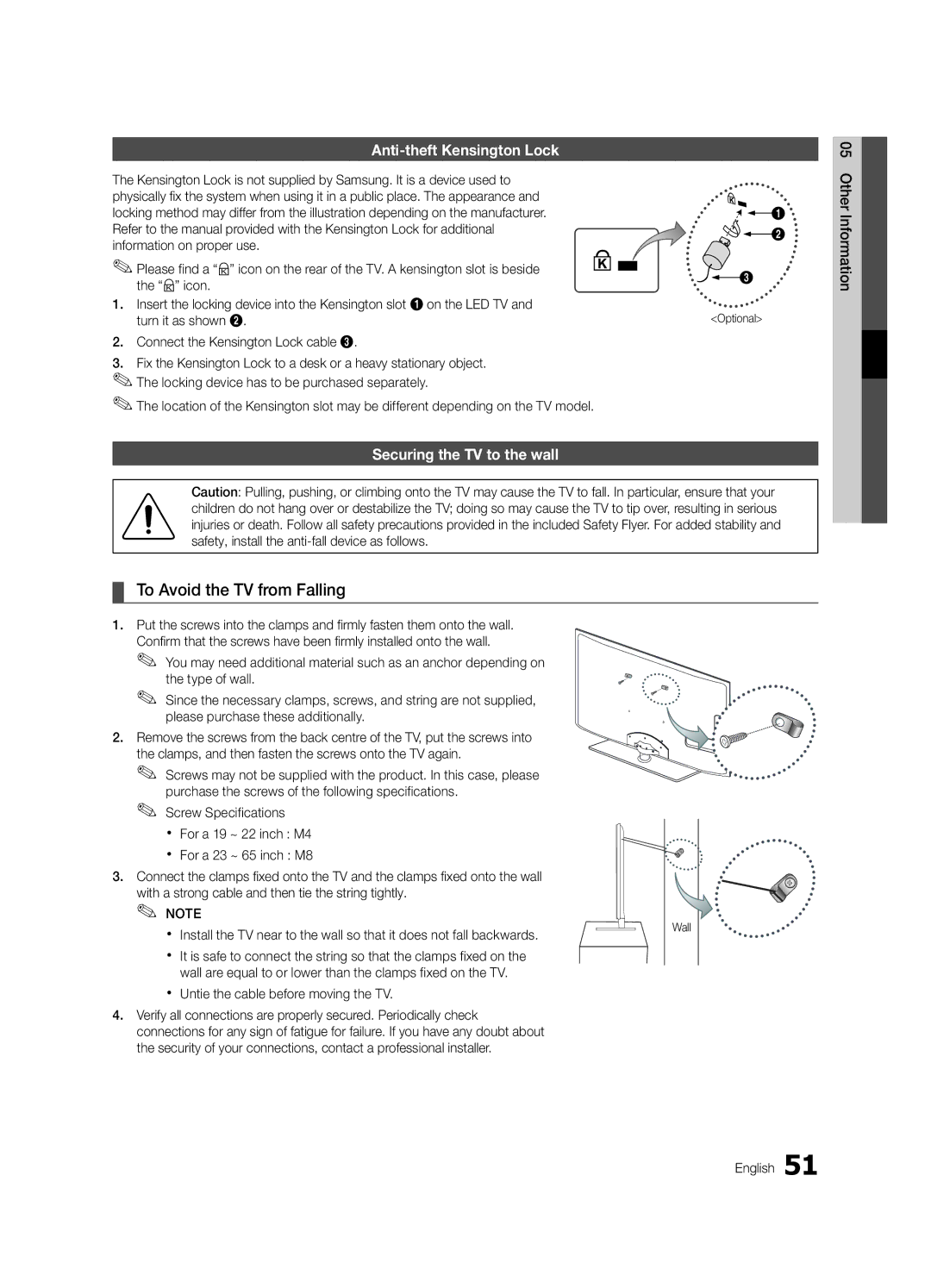 Samsung UE55C6500UWXXH To Avoid the TV from Falling, Anti-theft Kensington Lock, Securing the TV to the wall, Optional 