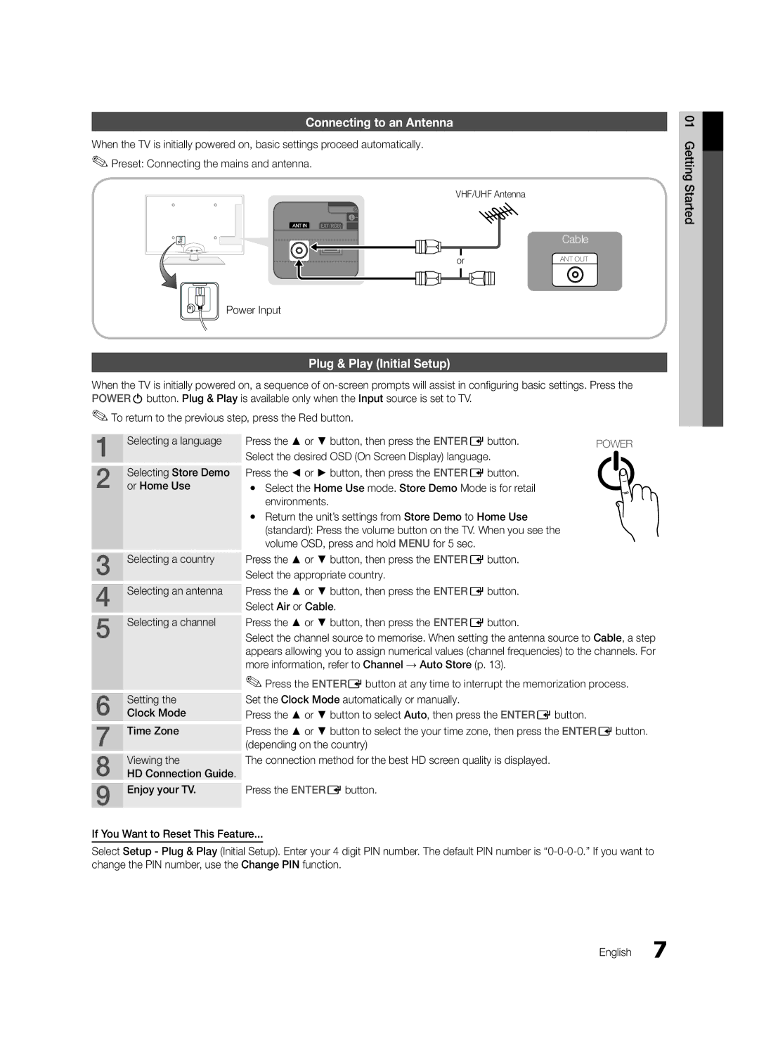 Samsung UE40C6540SWXXC, UE32C6500UWXXC Connecting to an Antenna, Plug & Play Initial Setup, Power Input, VHF/UHF Antenna 