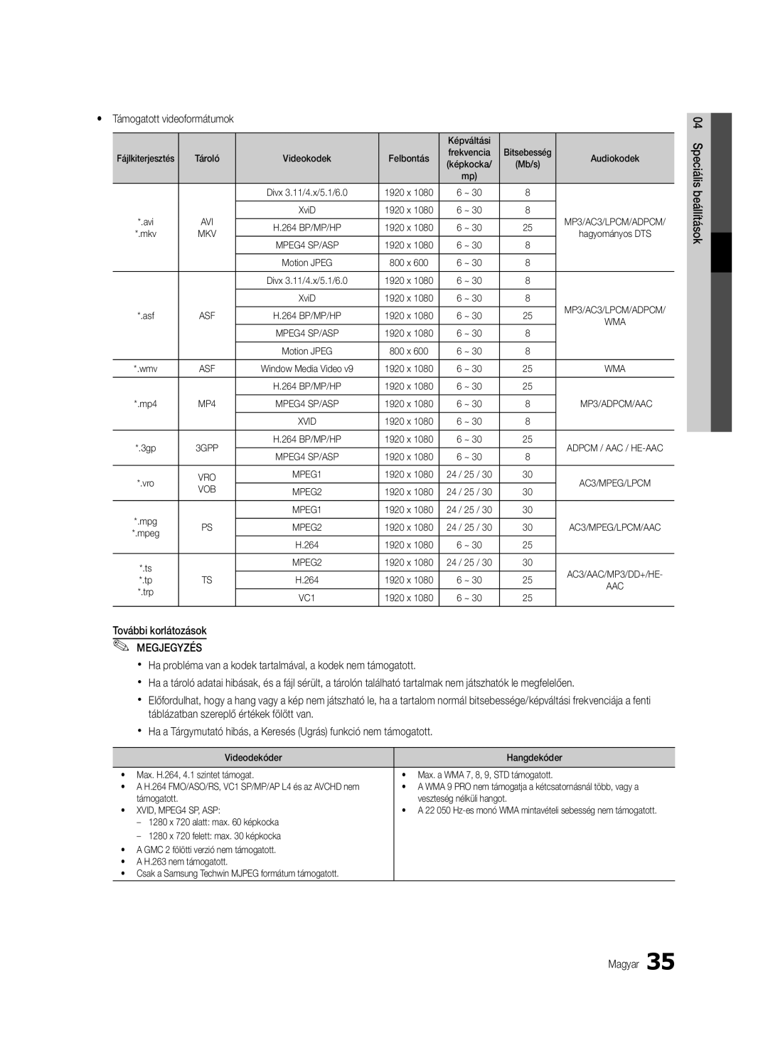 Samsung UE40C6530UWXXC, UE32C6500UWXXC manual Yy Támogatott videoformátumok, További korlátozások, Képváltási, 1920 x 