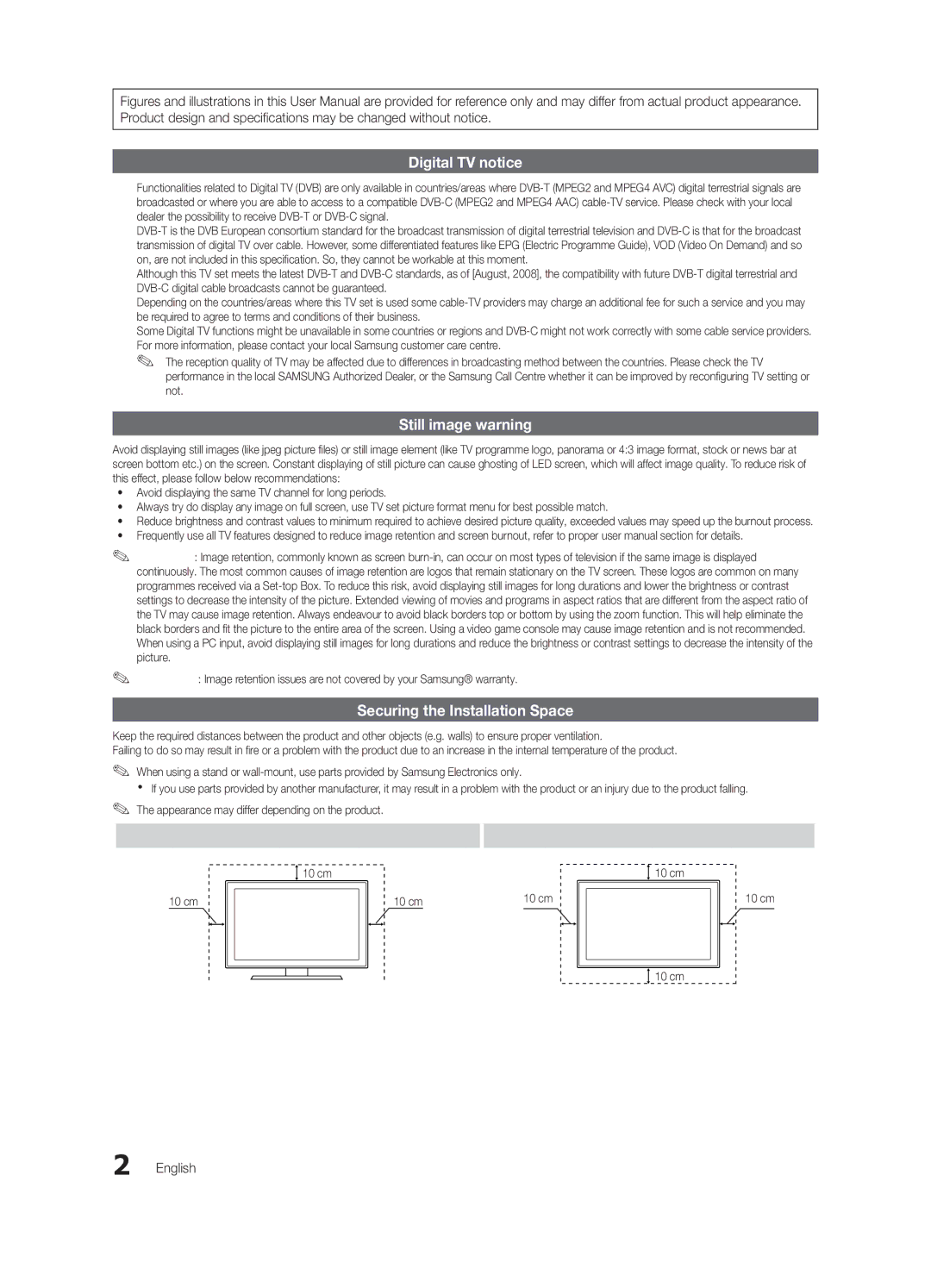 Samsung UE40C6000RKXXU, UE32C6600UPXZT, UE46C6000RKXXU, UE32C6510UKXXU, UE32C6715USXXE, UE32C6880USXZG manual 10 cm 