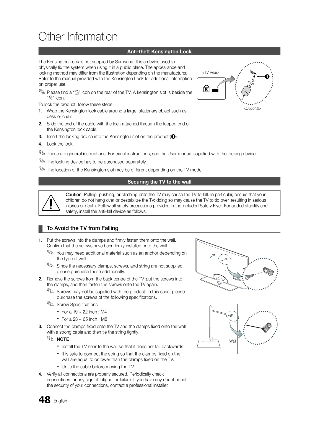 Samsung UE32C6600UPXZT To Avoid the TV from Falling, Anti-theft Kensington Lock, Securing the TV to the wall, Optional 