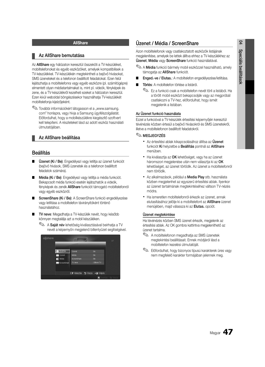Samsung UE46C6600UWXXH manual Beállítás, Üzenet / Média / ScreenShare, Az AllShare bemutatása, Az AllShare beállítása 