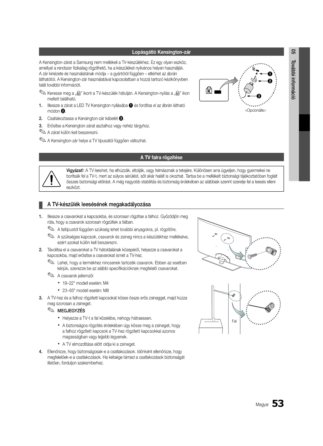 Samsung UE40C6600UWXXH manual TV-készülék leesésének megakadályozása, Lopásgátló Kensington-zár, TV falra rögzítése 