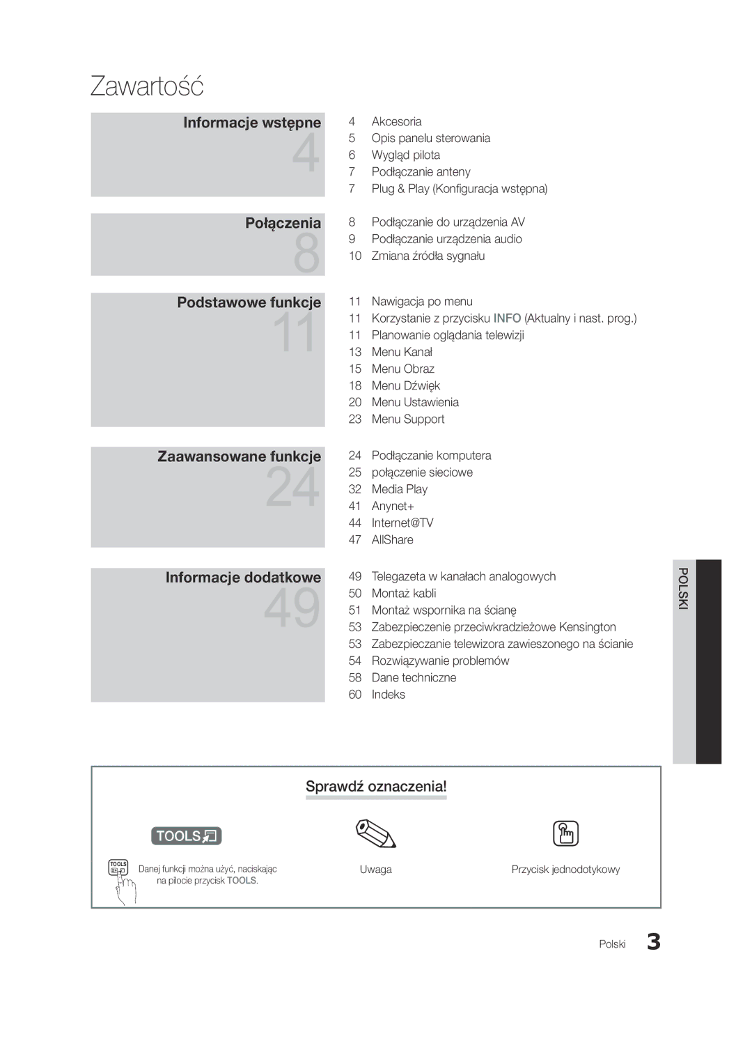 Samsung UE46C6600UWXXH, UE32C6600UWXXH, UE40C6600UWXXH manual Zawartość, Sprawdź oznaczenia, Uwaga, Przycisk jednodotykowy 