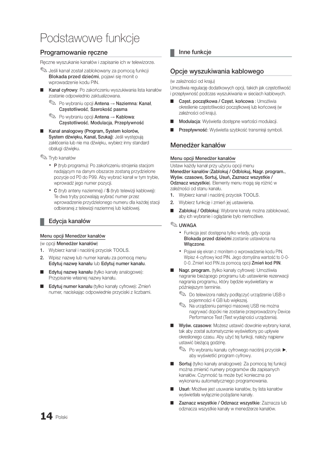 Samsung UE40C6620UWXXH, UE32C6600UWXXH Programowanie ręczne, Opcje wyszukiwania kablowego, Edycja kanałów, Inne funkcje 