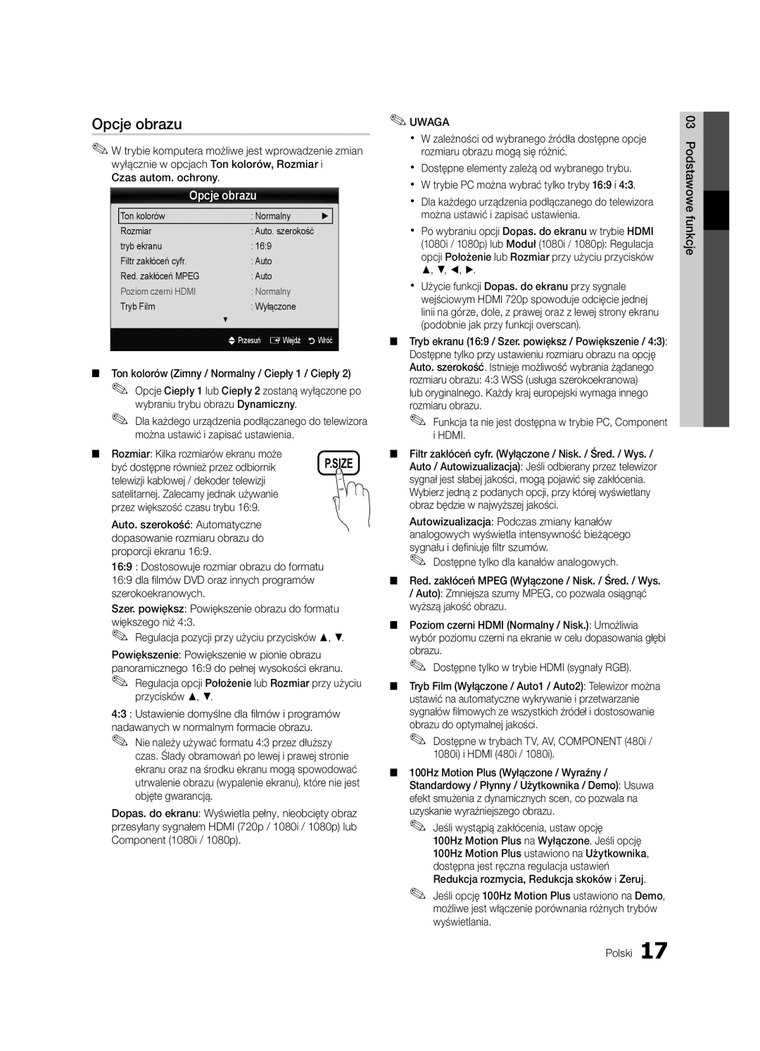 Samsung UE40C6600UWXXH, UE32C6600UWXXH Opcje obrazu, Czas autom. ochrony, Ton kolorów Zimny / Normalny / Ciepły 1 / Ciepły 