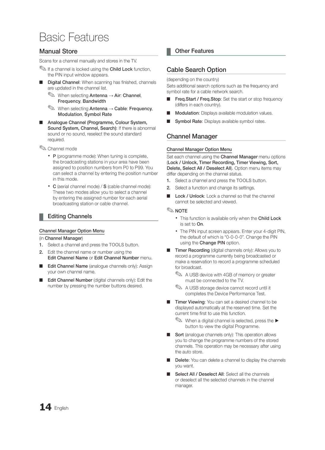 Samsung UE40C6620UWXXH manual Manual Store, Cable Search Option, Editing Channels, Other Features, Depending on the country 