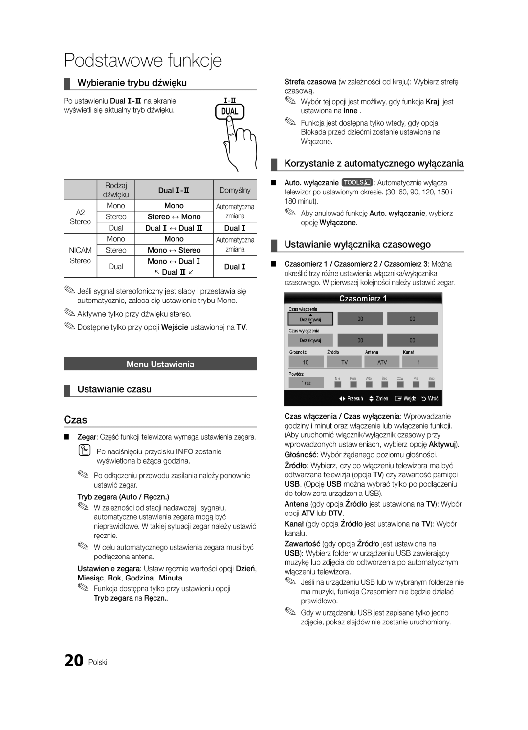 Samsung UE37C6600UWXXH manual Czas, Wybieranie trybu dźwięku, Ustawianie czasu, Korzystanie z automatycznego wyłączania 