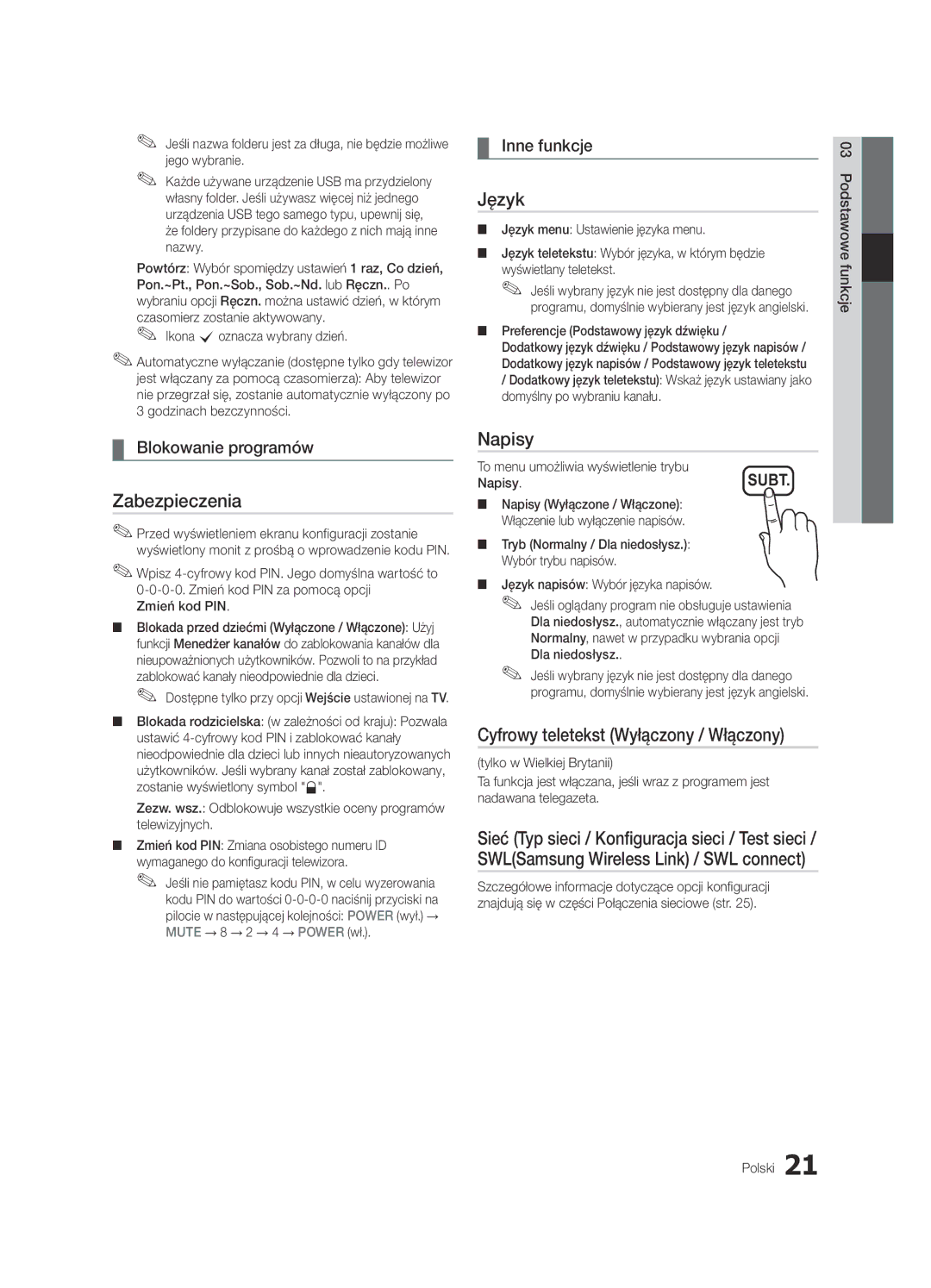 Samsung UE32C6620UWXXH manual Zabezpieczenia, Język, Napisy, Cyfrowy teletekst Wyłączony / Włączony, Blokowanie programów 