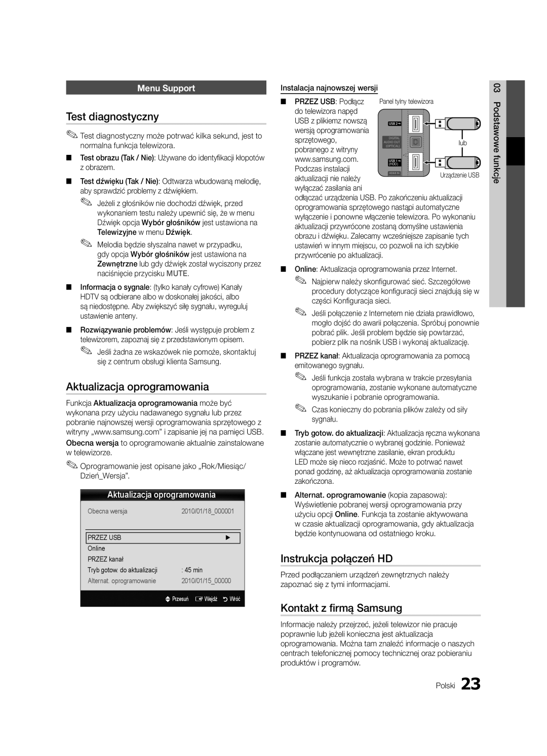 Samsung UE46C6620UWXXH Test diagnostyczny, Aktualizacja oprogramowania, Instrukcja połączeń HD, Kontakt z firmą Samsung 