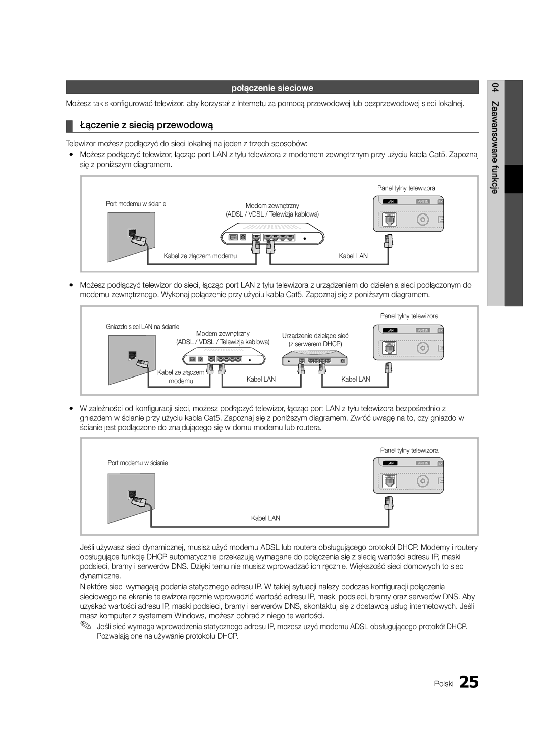 Samsung UE40C6600UWXXH, UE32C6600UWXXH manual Łączenie z siecią przewodową, Połączenie sieciowe, Się z poniższym diagramem 