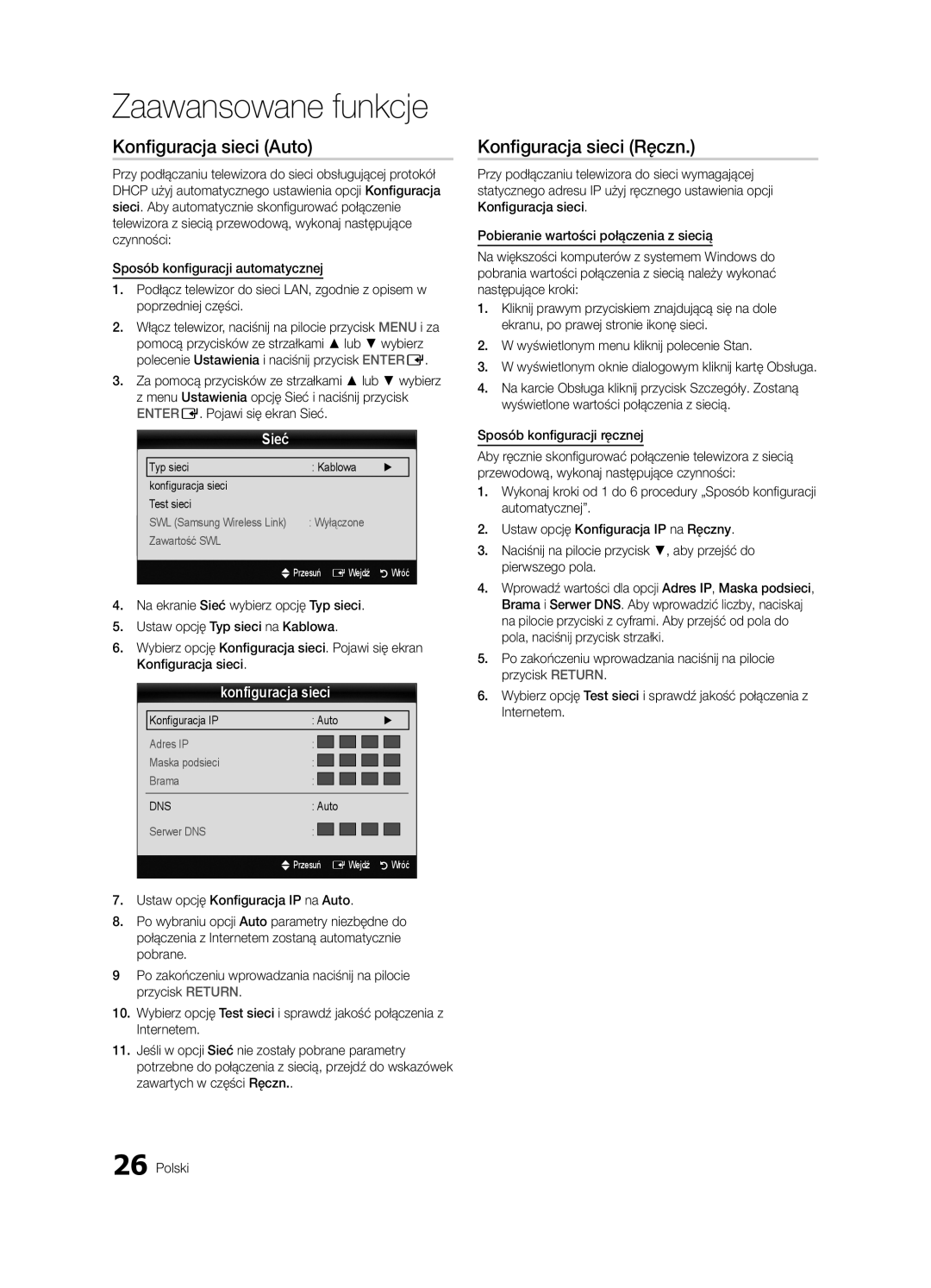 Samsung UE37C6620UWXXH manual Konfiguracja sieci Auto, Konfiguracja sieci Ręczn, Sieć, Sposób konfiguracji ręcznej 