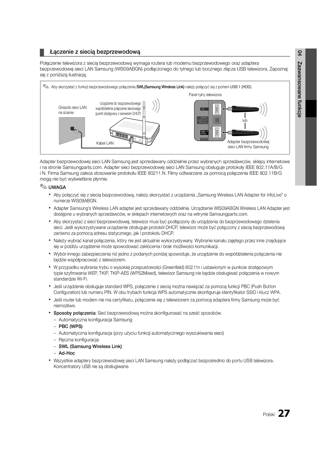 Samsung UE46C6600UWXXH manual Łączenie z siecią bezprzewodową, Panel tylny telewizora Gniazdo sieci LAN, Na ścianie 